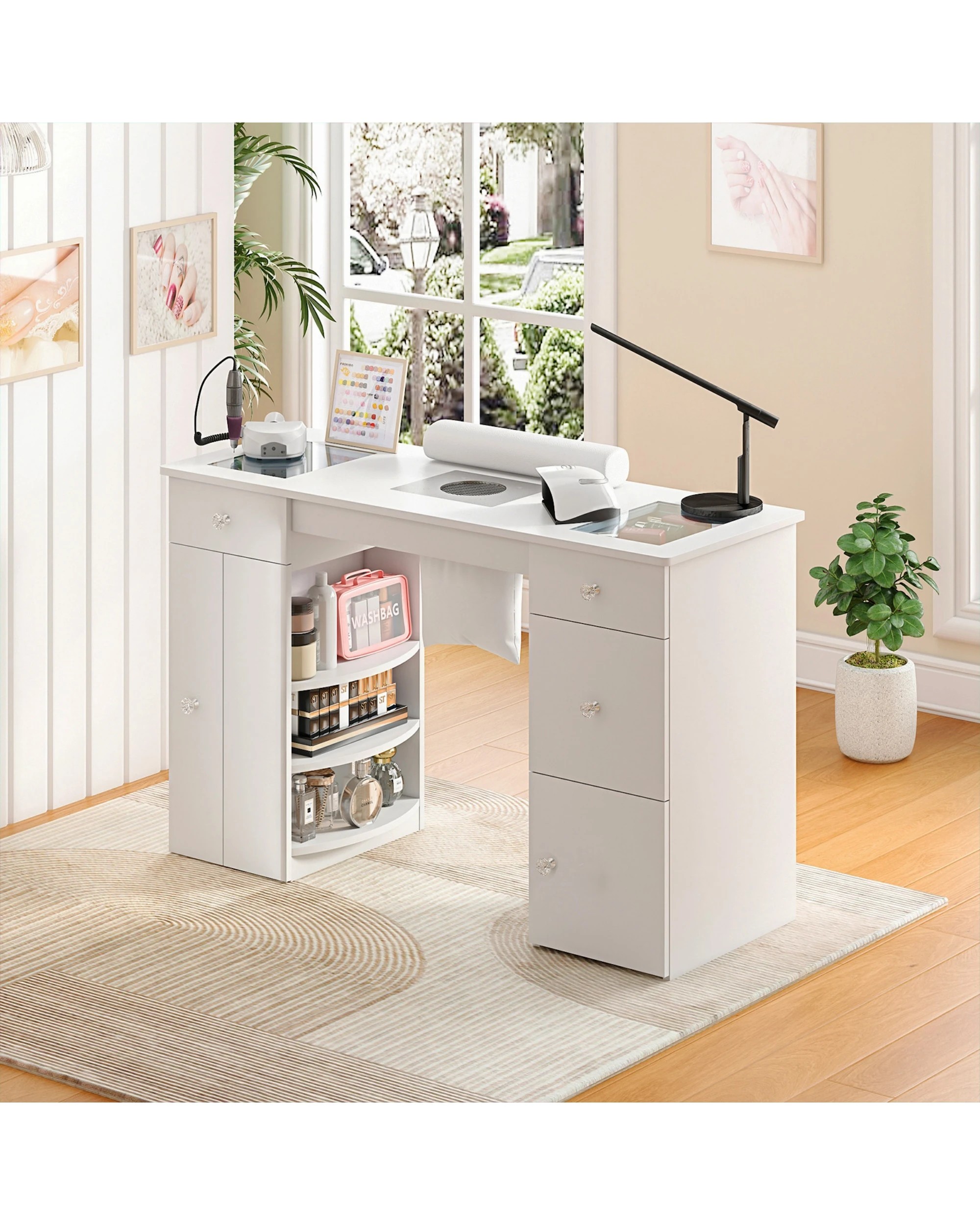 8 Advwin Vanity Desk Manicure Table With Dust Collector Glass Top Acetone Resistant Drawers Shelves
 - White, 8 of 10