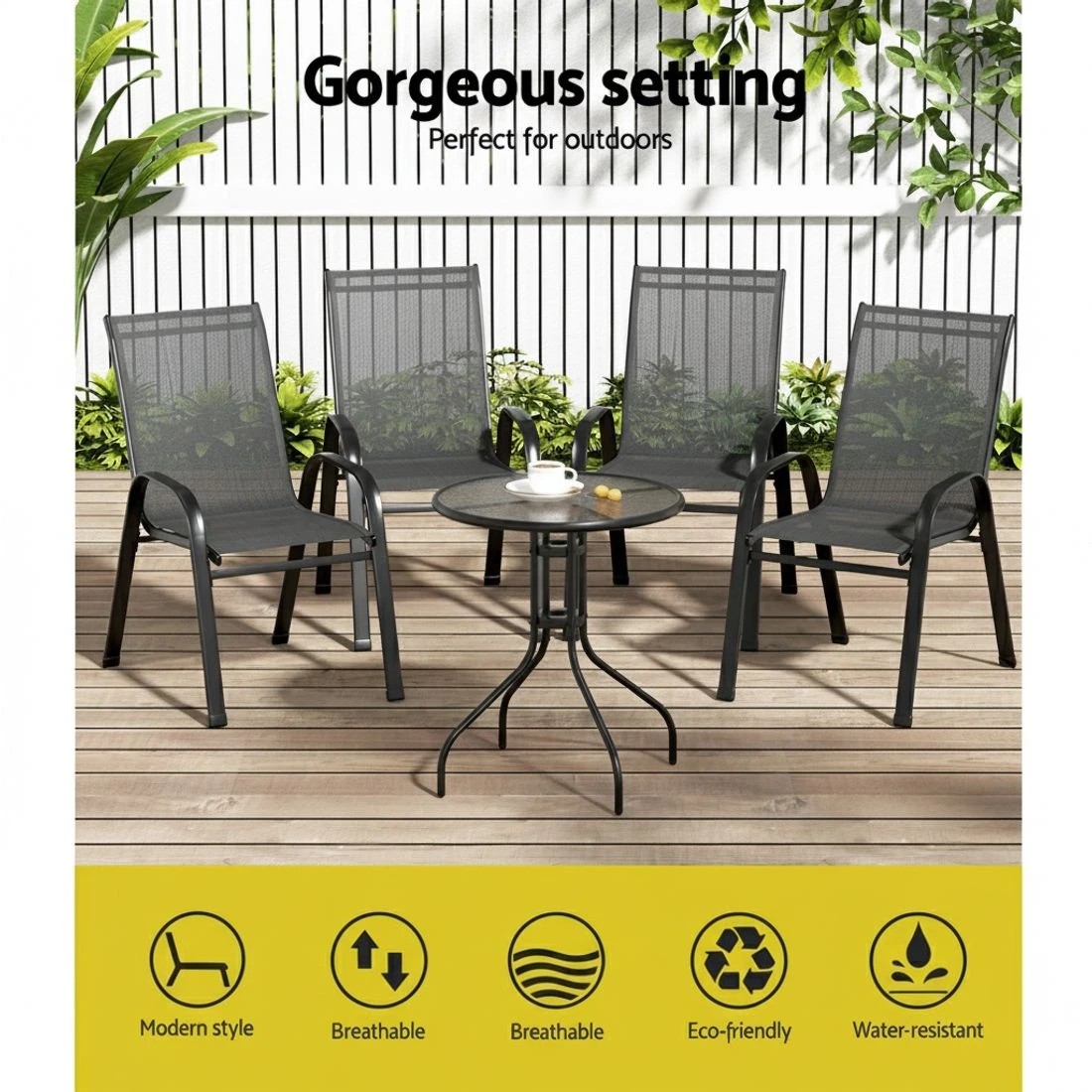3 Gardeon 5PC Bistro Set Outdoor Table and Chairs Stackable Outdoor Furniture - Black, 3 of 5