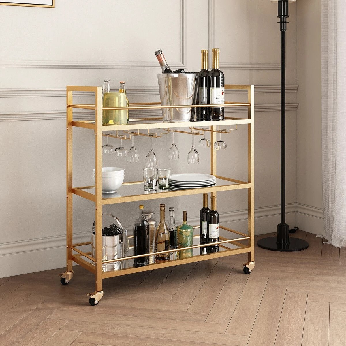 2 Ausway Bar Cart Wine Rack Drinks Trolley Coffee Tea - Gold, 2 of 8