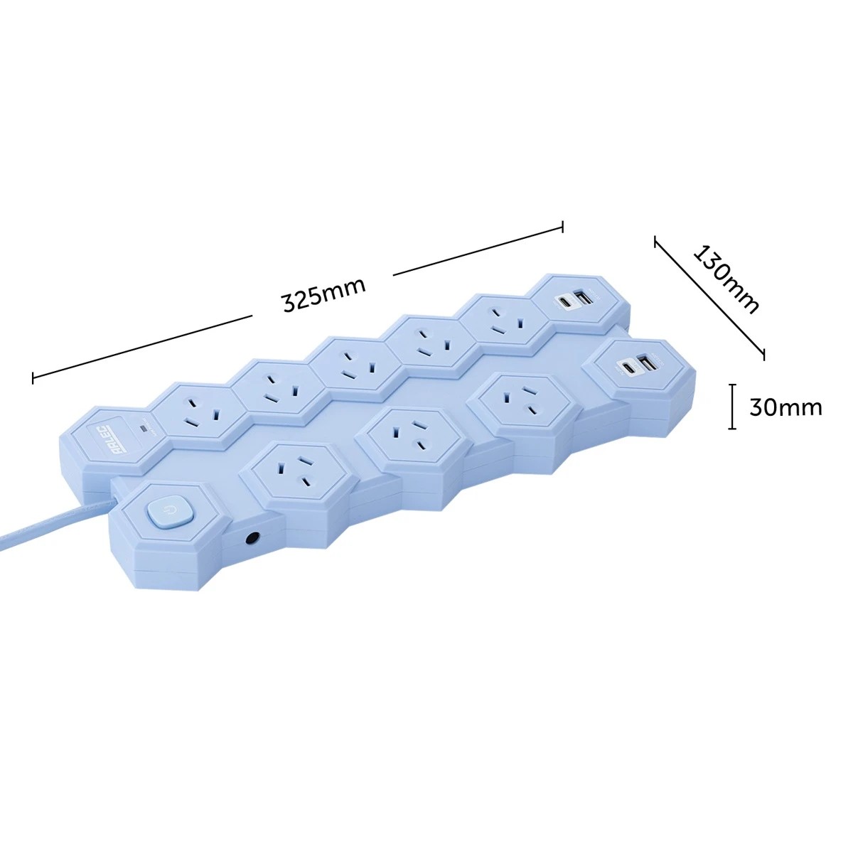 7 Arlec 8 Outlet Hexagon Wide Spaced Outlets & USB A & C Ports Powerboard - Blue, 7 of 7
