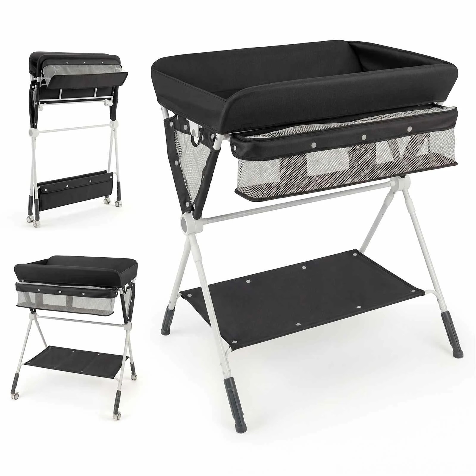 1 Costway Foldable Changing Table Diaper Nursery Organizer w/Wheels - Black, 1 of 2
