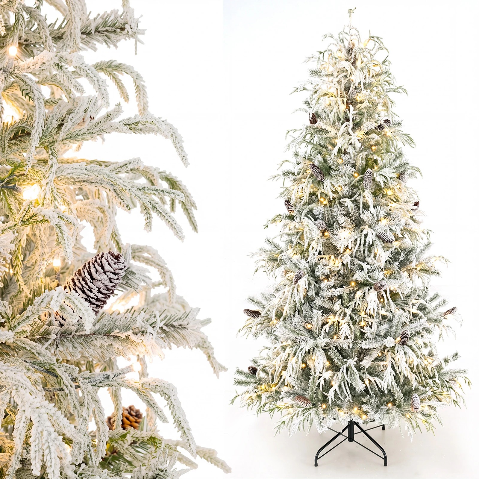 7 Costway 2.1M Flocked Christmas Tree w/35 Natural Pine Cones Pre-Lit Artificial Xmas Tree, 7 of 8