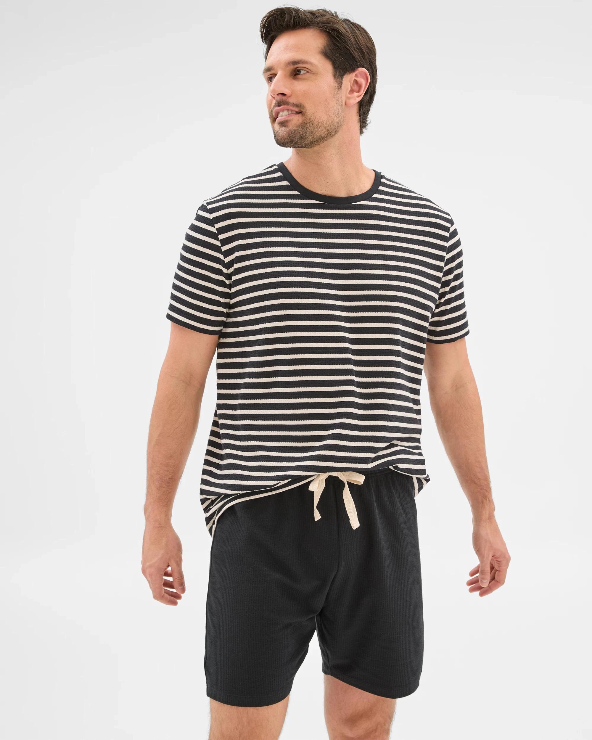 2 Mens Australian Cotton Blend Stripe/Seeersucker Short Pyjama Set - Maxx BLACK/PUMICE STONE STRIPE, 2 of 7