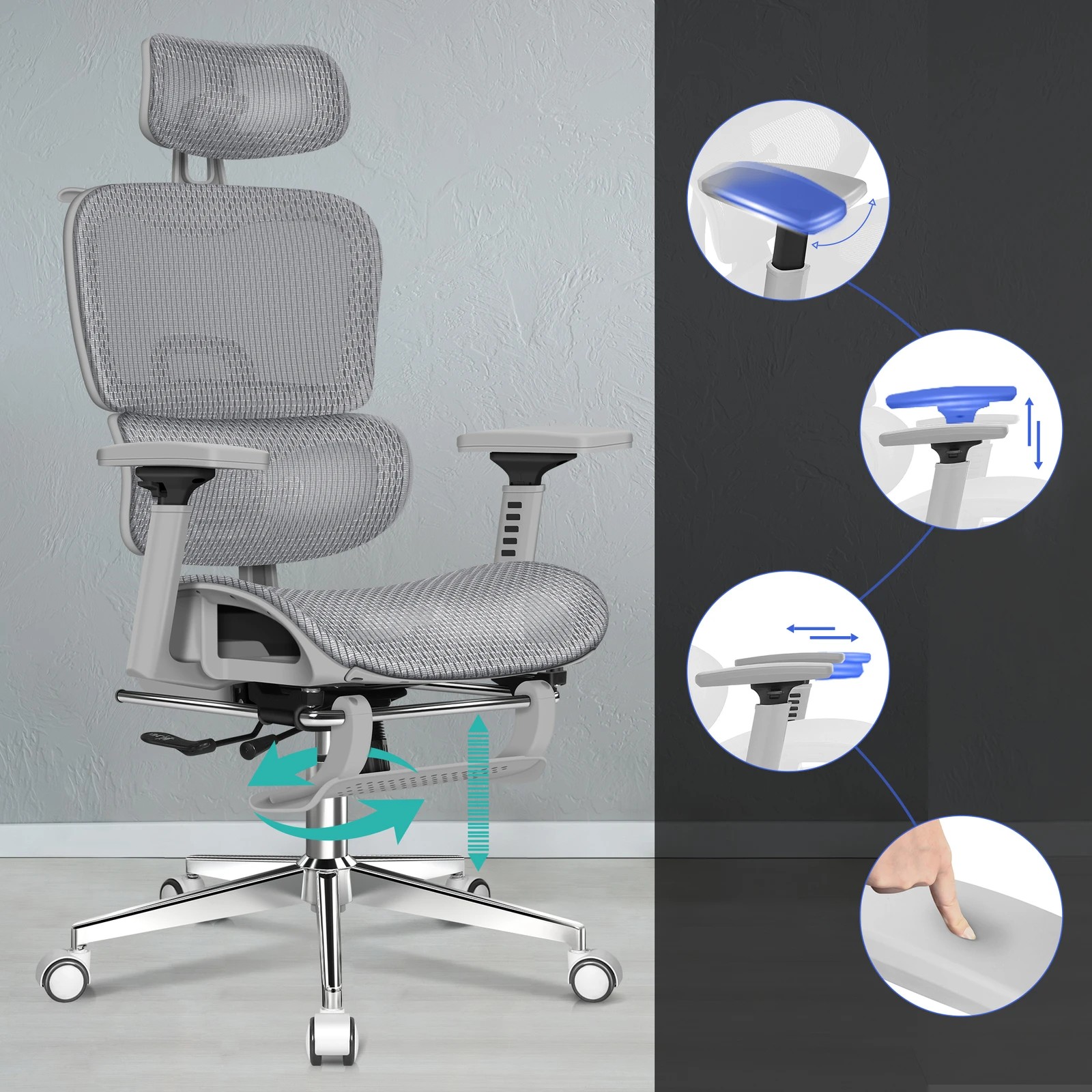 6 Alfordson Ergonomic Office Chair Mesh Executive Racing Computer Seat - Grey, 6 of 10