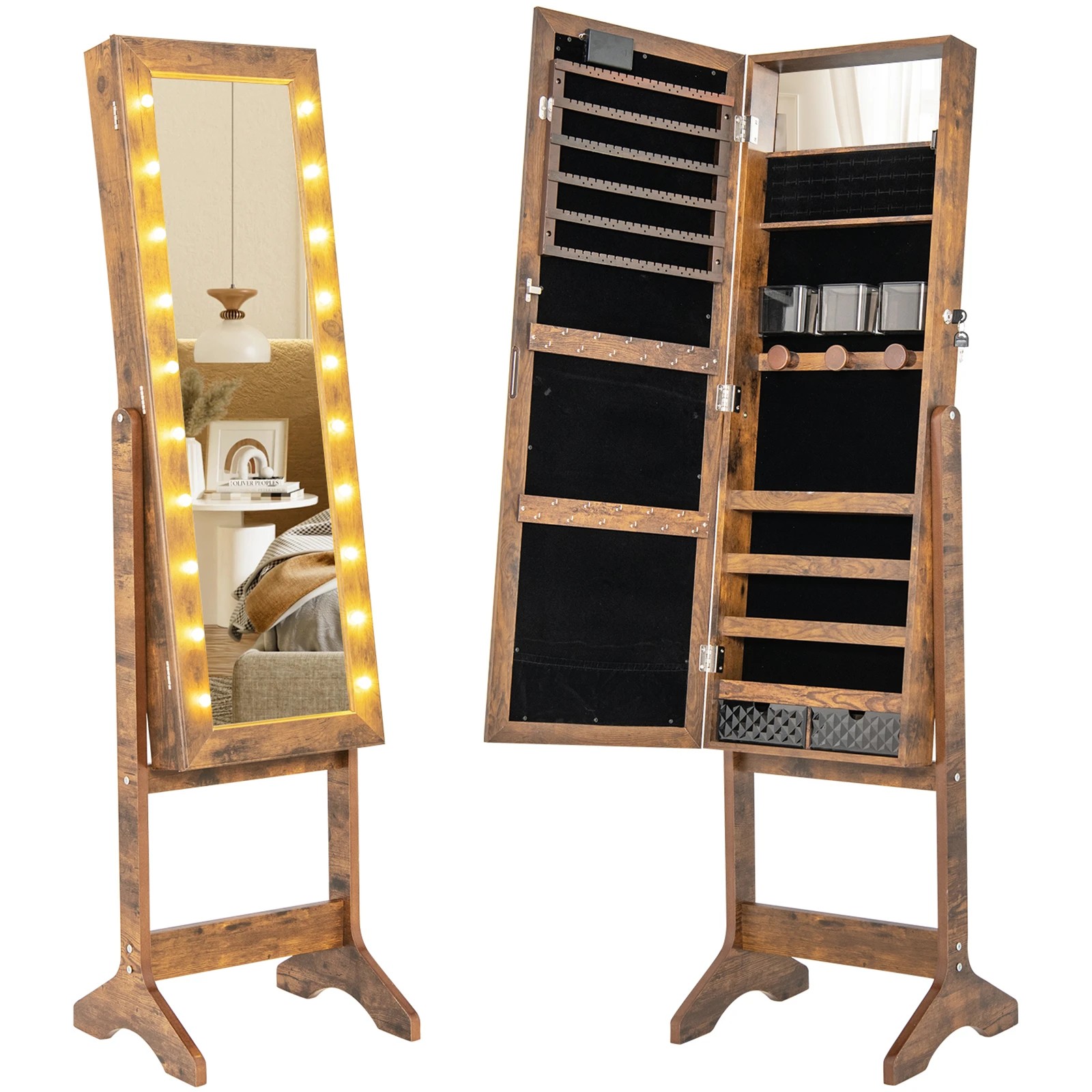 1 Costway LED Mirror Jewelry Cabinet 4 Tilt Angles Standing Jewelry Armoire Organiser - Brown, 1 of 4