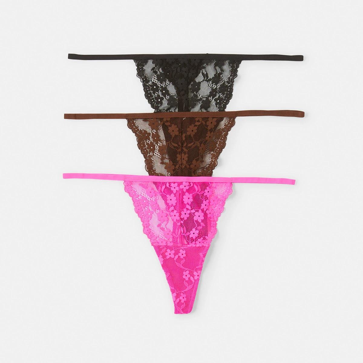 1 3 Pack Lace G-String Briefs BLACK, HIBISCUS PINK, CHOCOLATE, 1 of 8