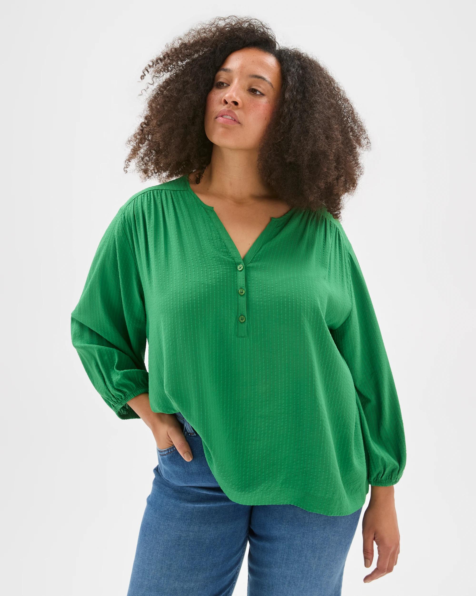 4 Target Curve Plus Size 3/4 Sleeve Half Placket Blouse PINE GREEN, 4 of 6