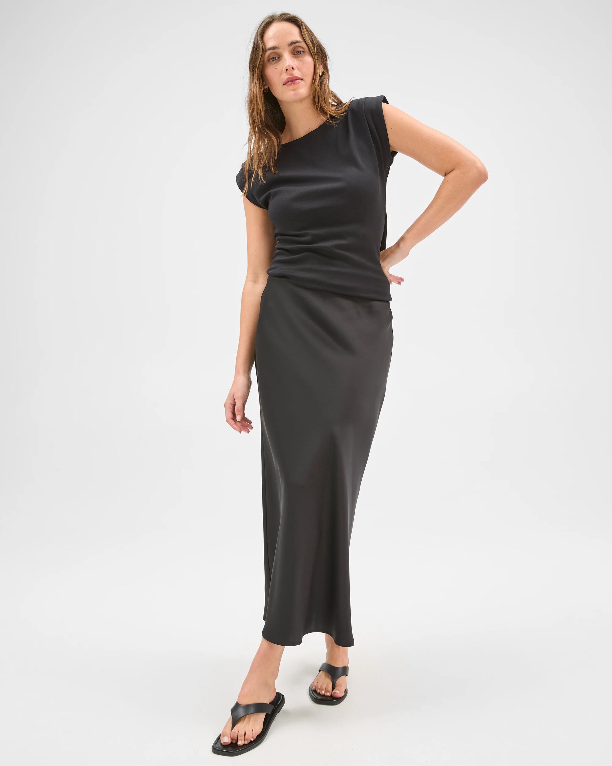 2 Preview Satin Bias Cut Midi Skirt BLACK, 2 of 7
