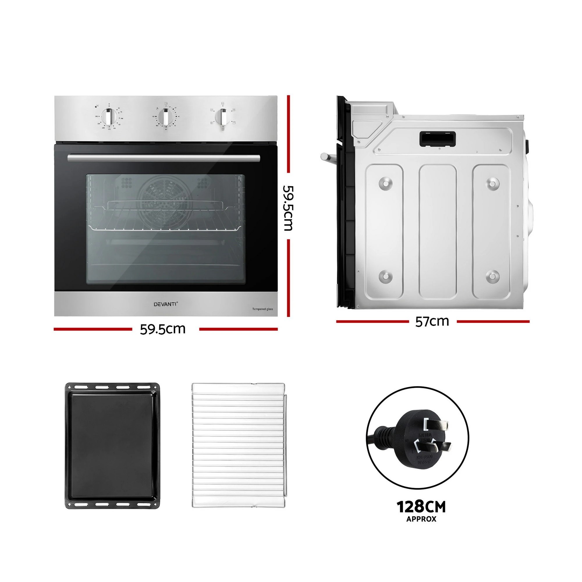 2 Devanti 60cm Electric Built In Wall Oven 70L Stainless Steel - Silver, 2 of 9