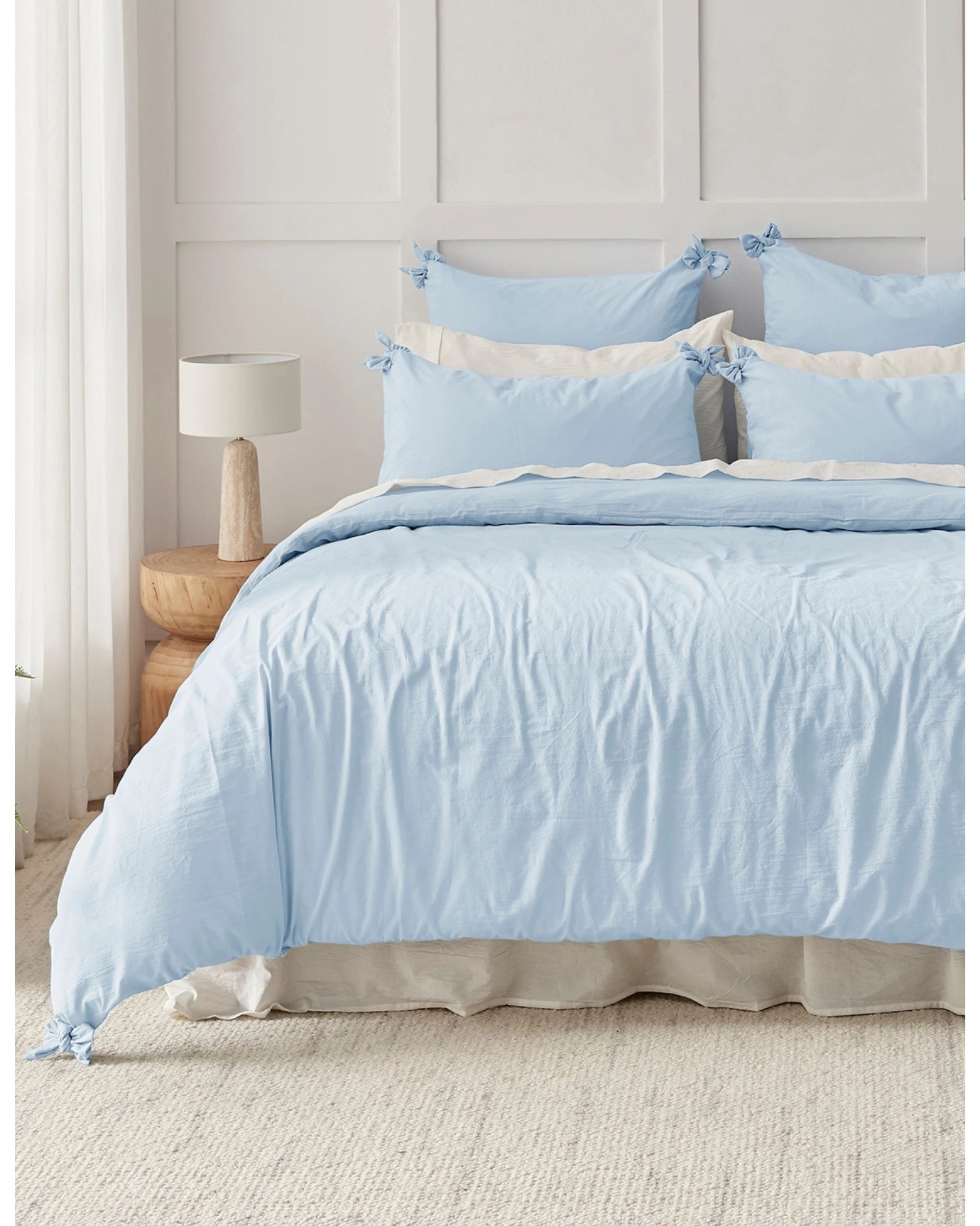 1 Dreamaker Bonnie Washed Cotton Quilt Cover Set with Bows Double Bed - Queen Bed - Sky, 1 of 9