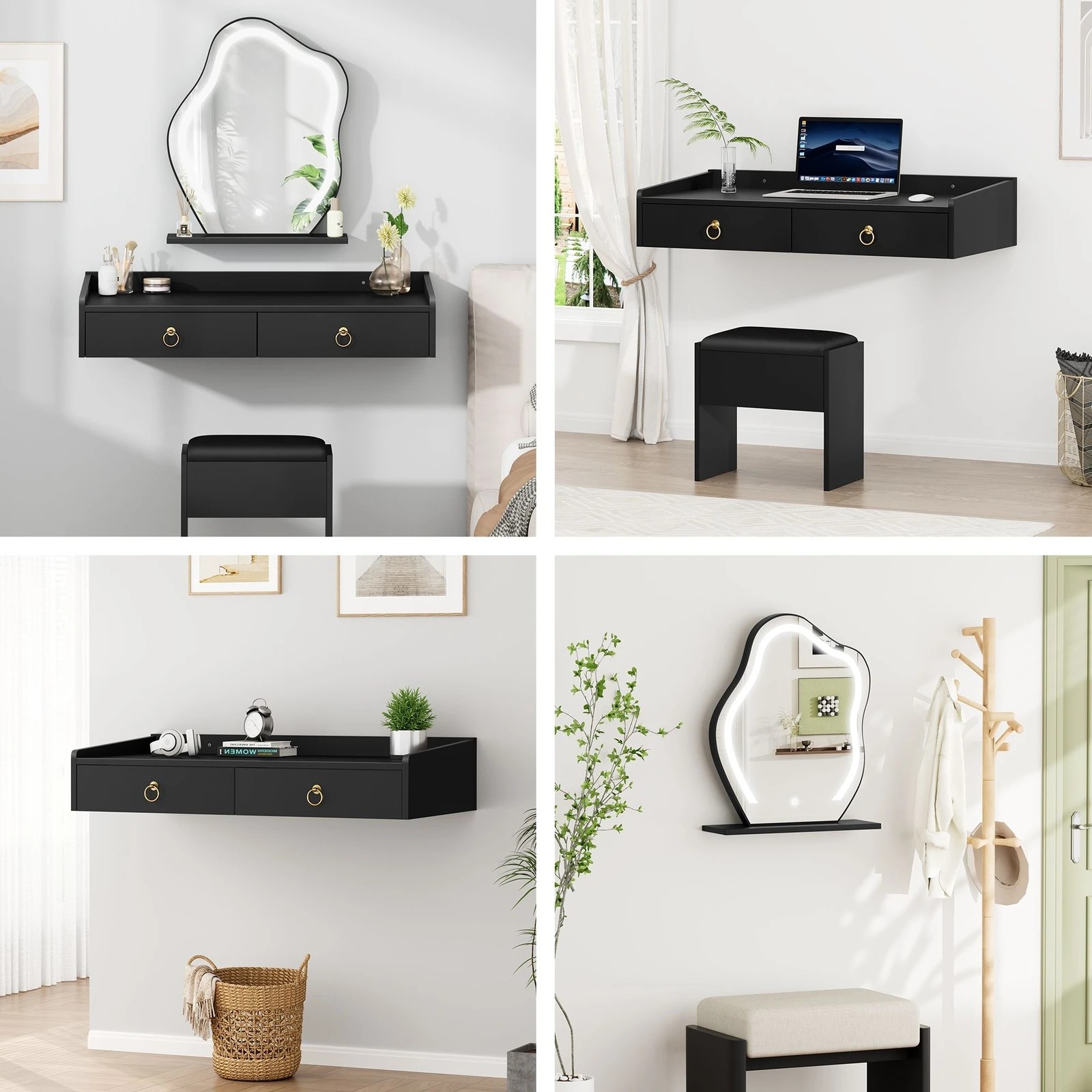 6 Alfordson Dressing Table Stool Set Floating Makeup Mirror LED Vanity Desk - Black, 6 of 10