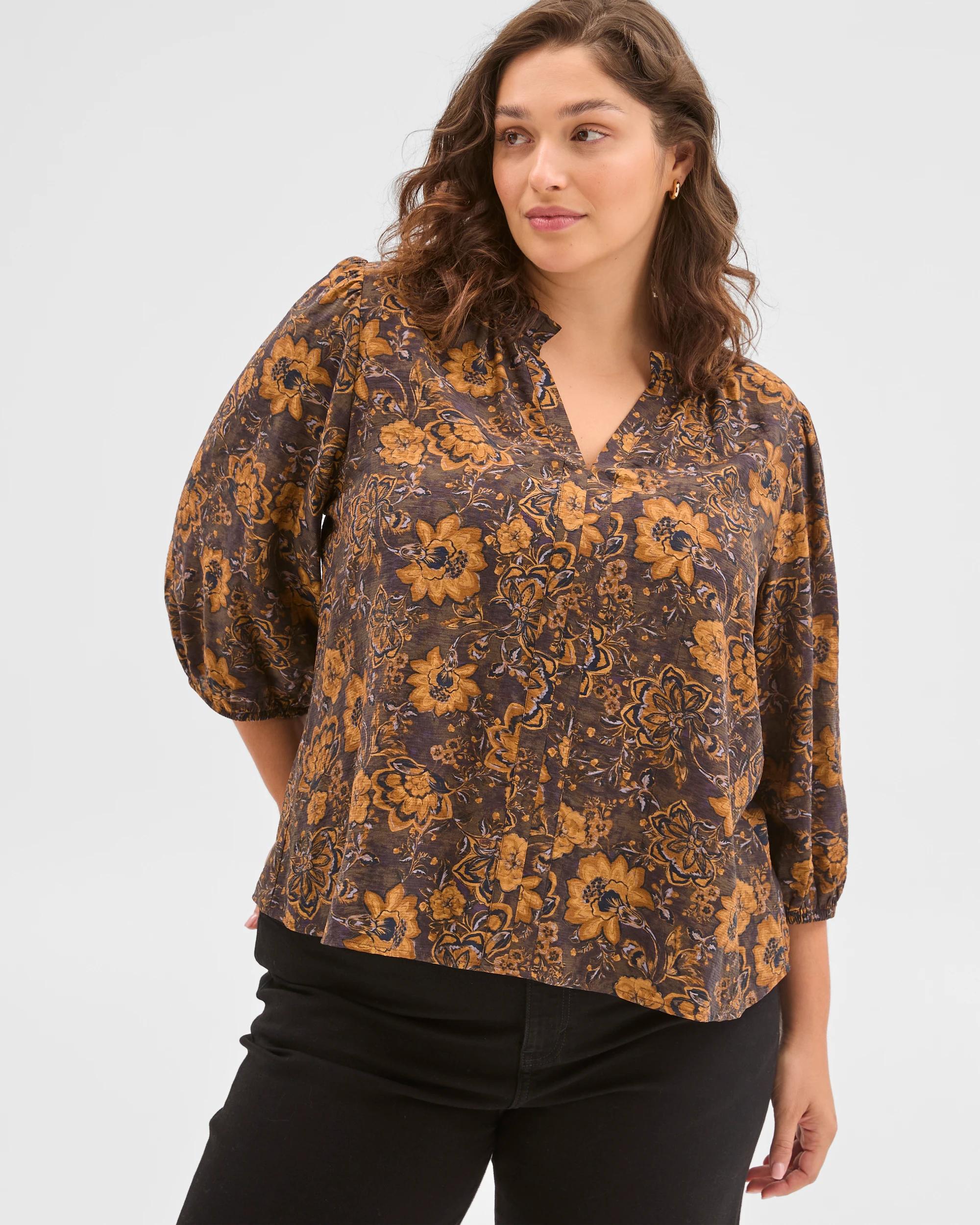 4 Target Curve Plus Size Long Sleeve Print Gathered Blouse BLACK COFFEE, 4 of 6