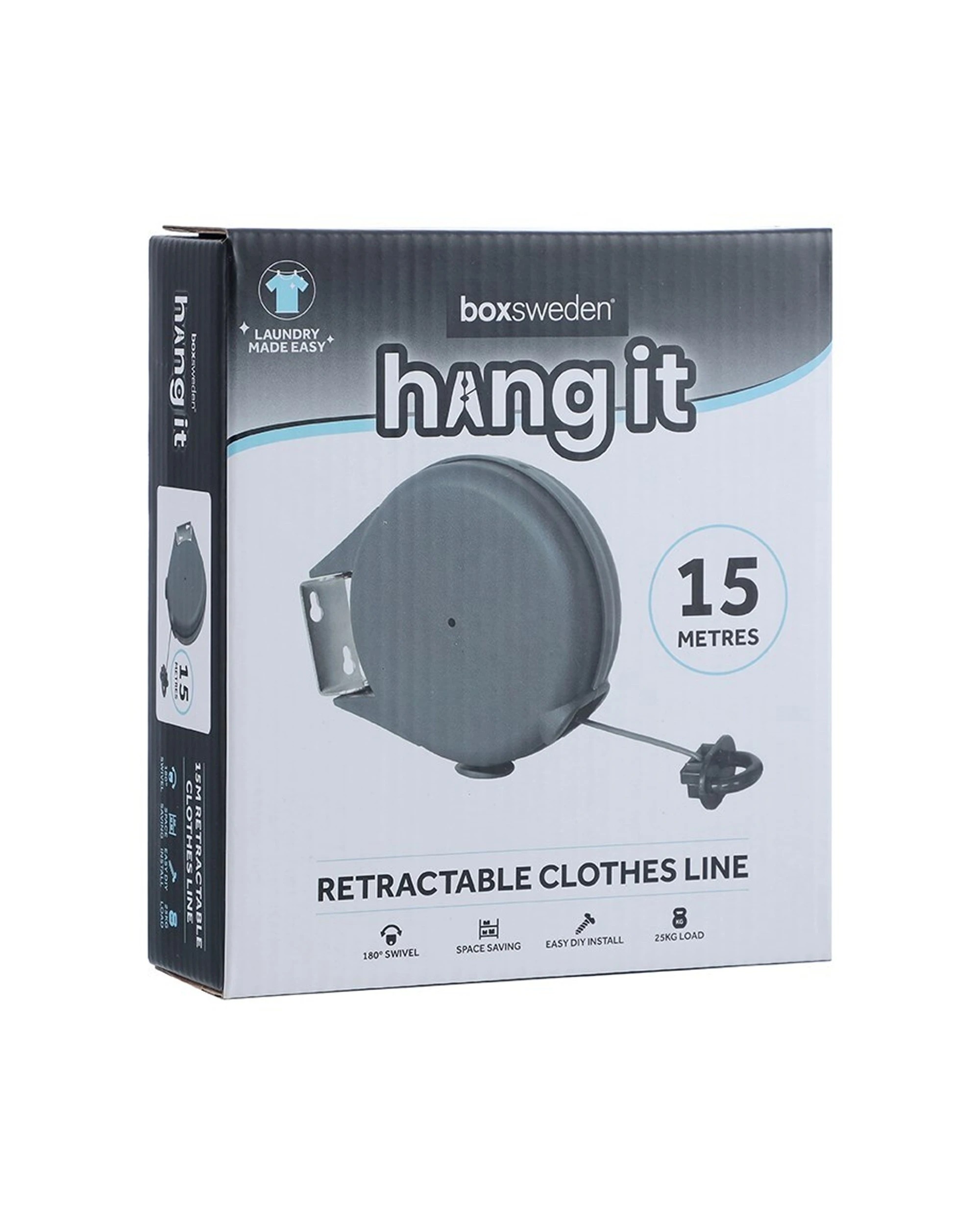 1 Boxsweden Hangit 15m Retractable Hanging Clothes Line Space Saving - Grey, 1 of 5