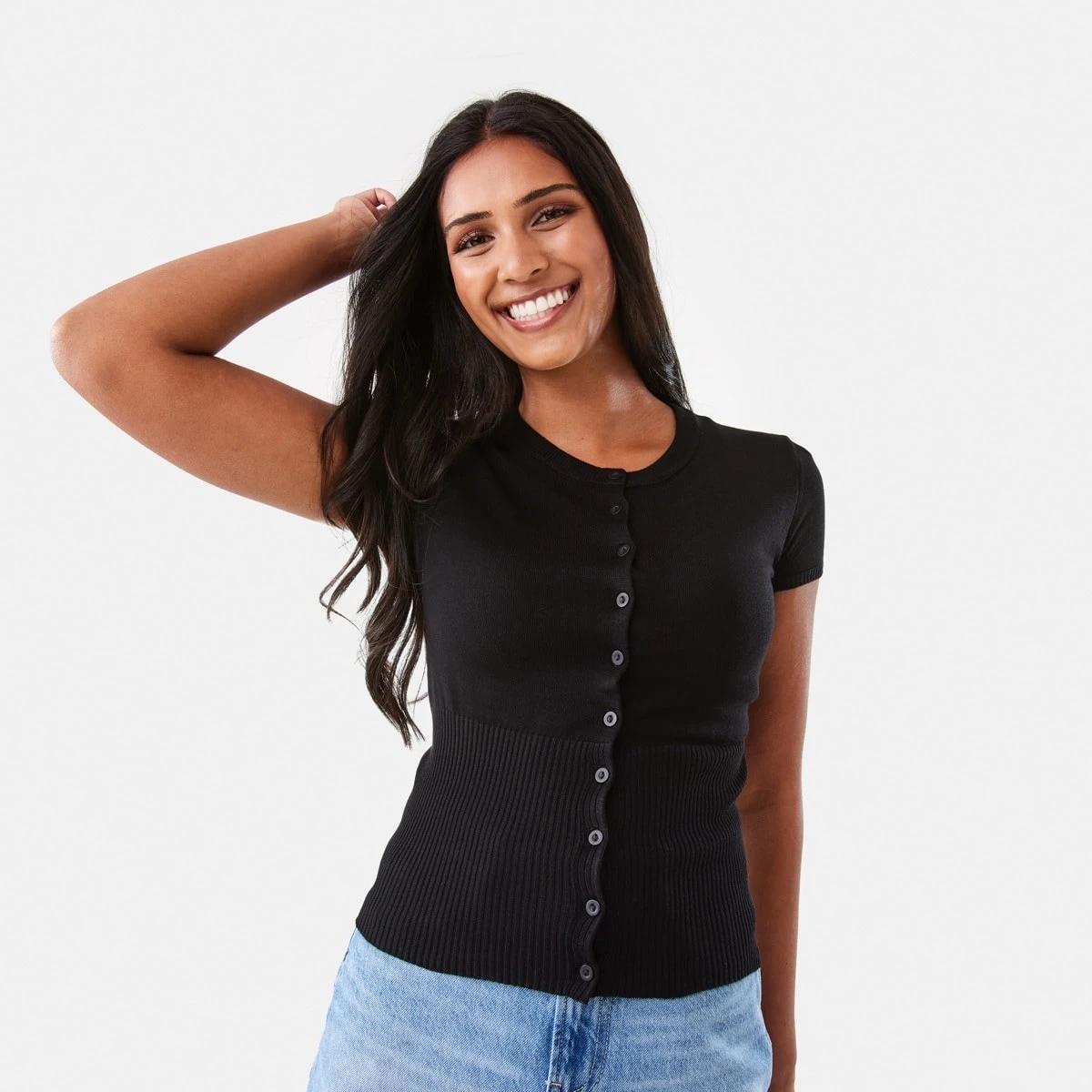 1 Short Sleeve Longline Button Up Top Black, 1 of 9