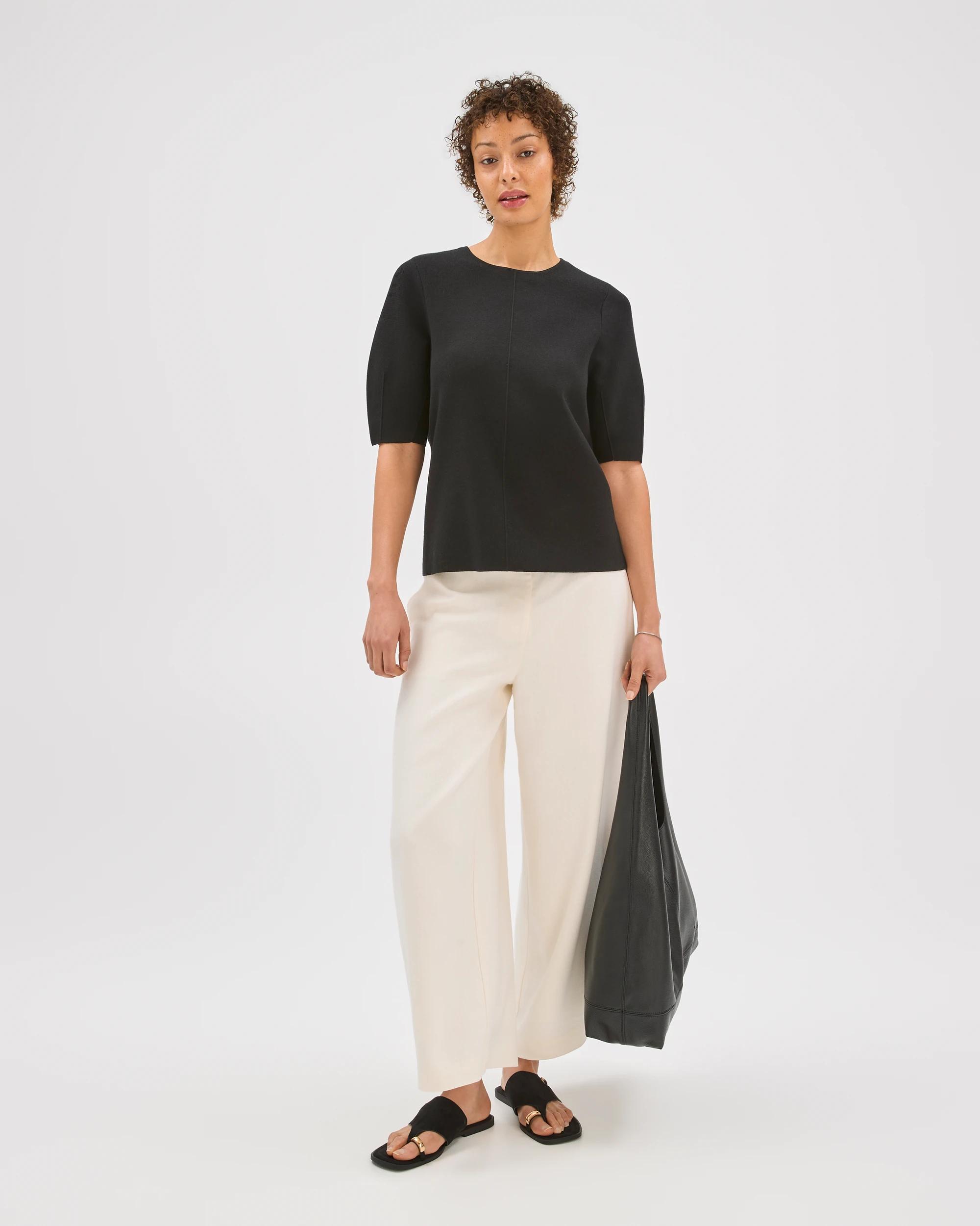 1 Preview Lantern Short Sleeve Crepe Knit Top BLACK, 1 of 7