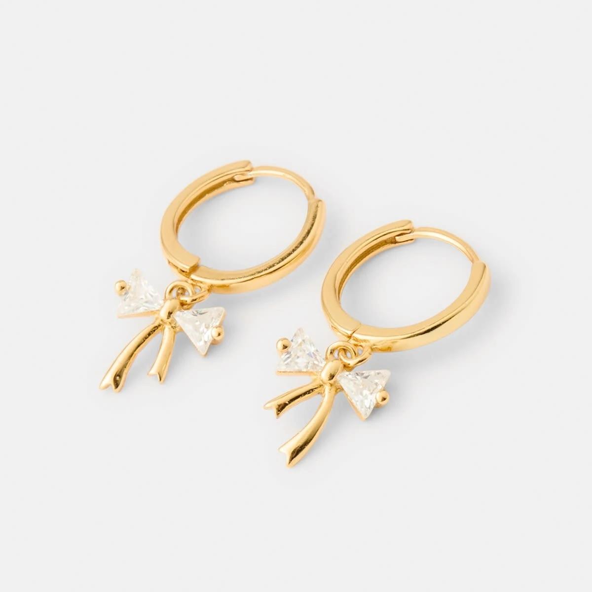 2 Cubic Zirconia Gold Plated Sterling Silver 925 Bow Hoop Earrings Gold, 2 of 5