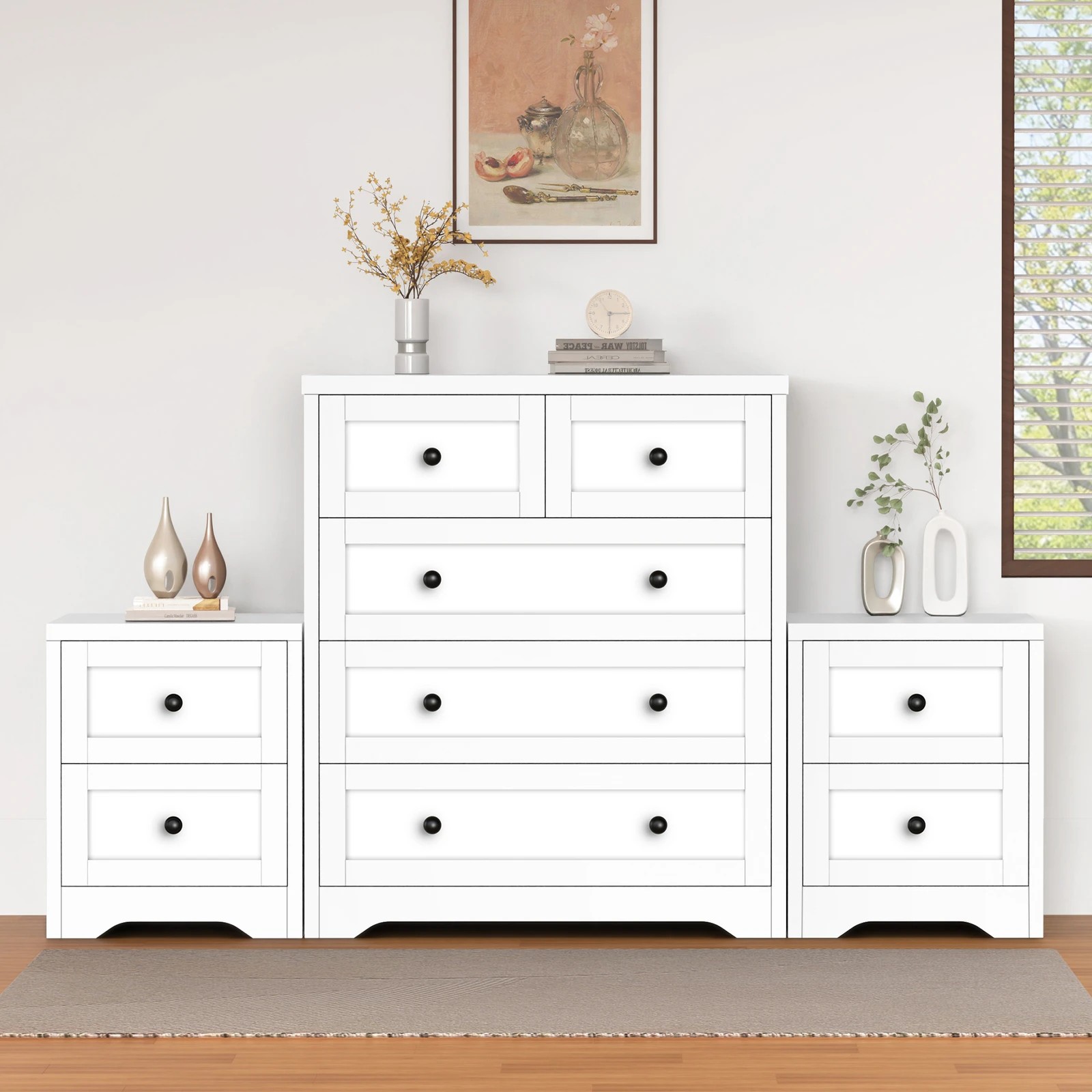 2 Alfordson 5 Chest of Drawers 2x Bedside Table Hamptons Bedroom Storage - White, 2 of 10
