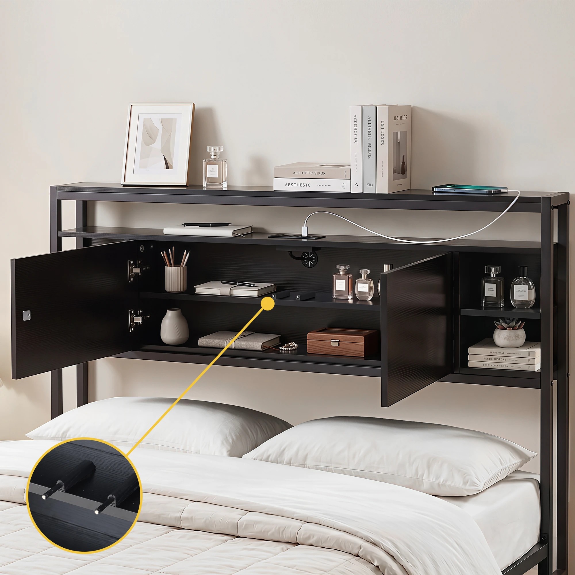 4 Artiss Bed Headboard Queen Storage Bedhead Charging Station - Black, 4 of 9