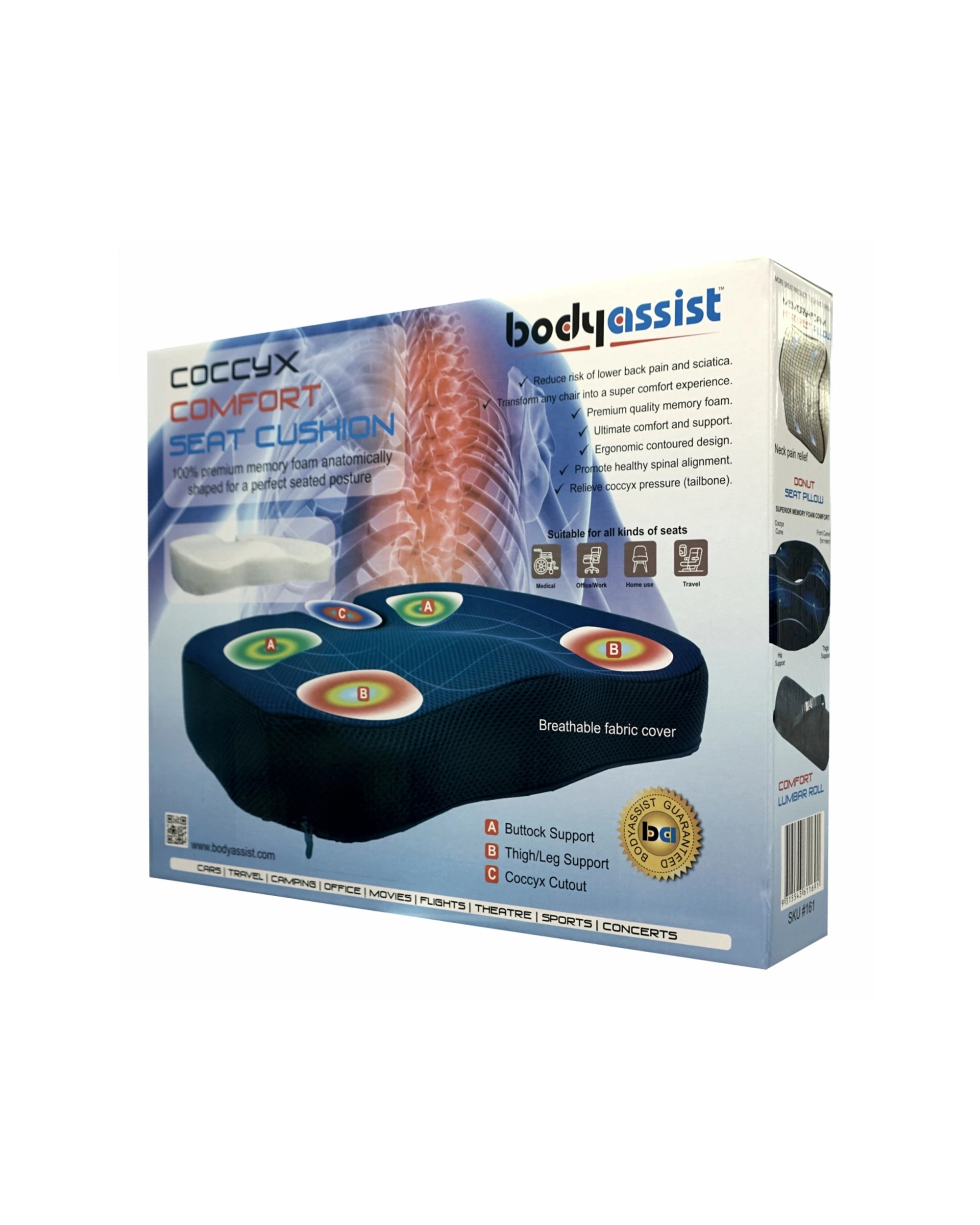 3 Bodyassist Coccyx Comfort Seat Cushion Memory Foam With Large Hot Cold Gel Pack - Black, 3 of 5