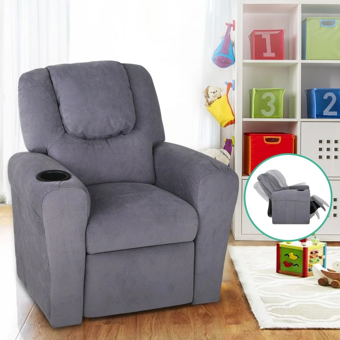 6 Keezi Kids Recliner Chair  Linen Soft Sofa Lounge Couch Children - Grey, 6 of 7