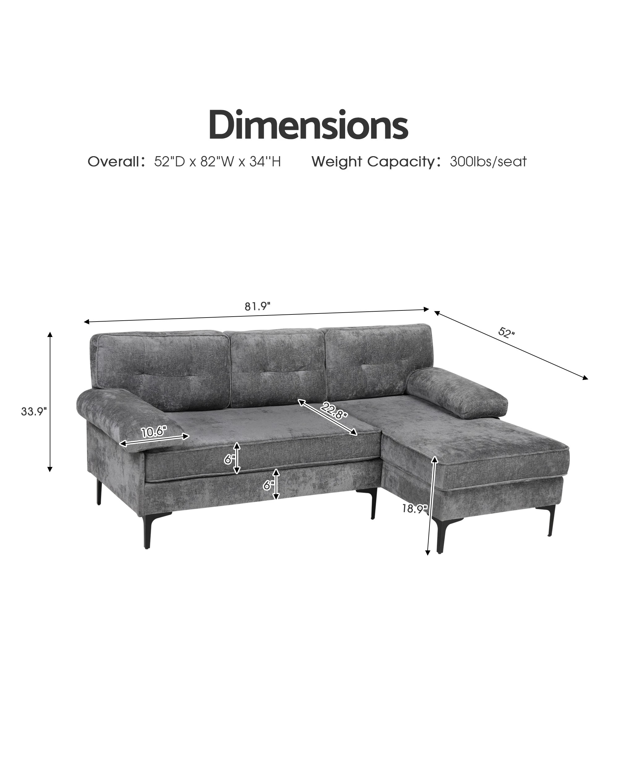 2 Advwin 3 Seater Sofa L-shape Chenille Lounge Couch W/ Reversible Chaise Grey, 2 of 9