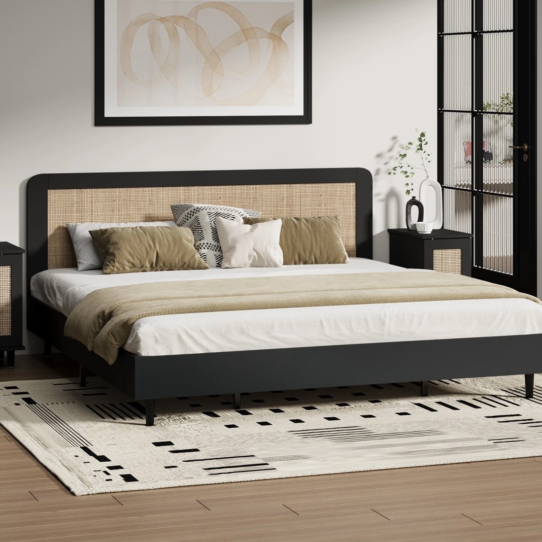 2 Oikiture King Bed Wooden Bed Frame With Rattan Headboard
 - Black, 2 of 10