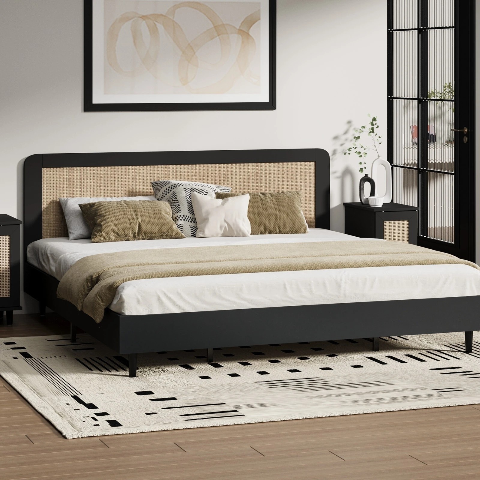 2 Oikiture King Bed Wooden Bed Frame With Rattan Headboard
 - Black, 2 of 10