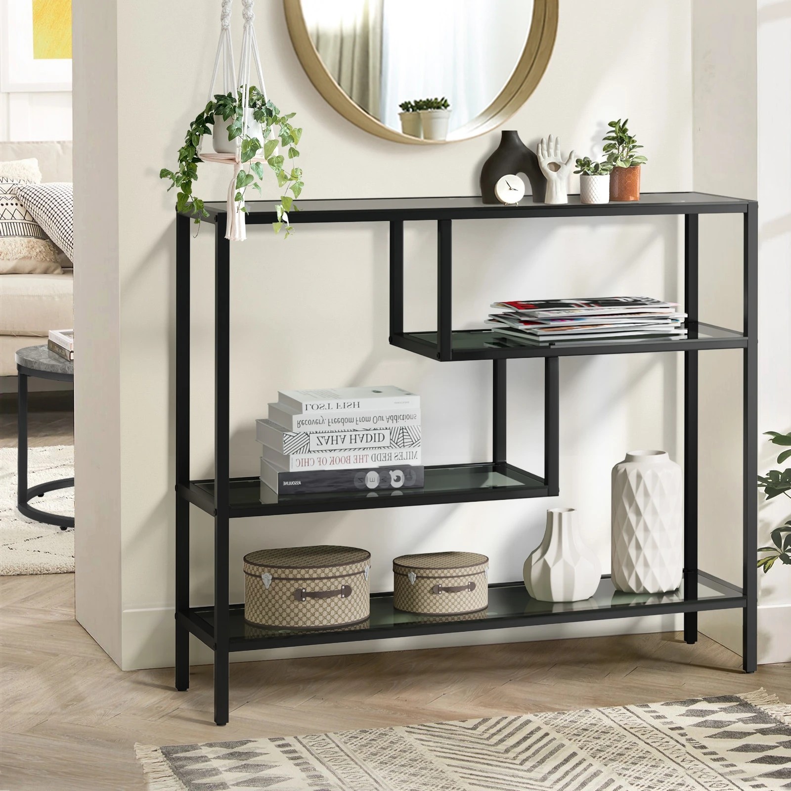 2 Oikiture Console Table Tempered Glass Sofa Table Hall Side Entry 4 Shelves
 - Black, 2 of 10