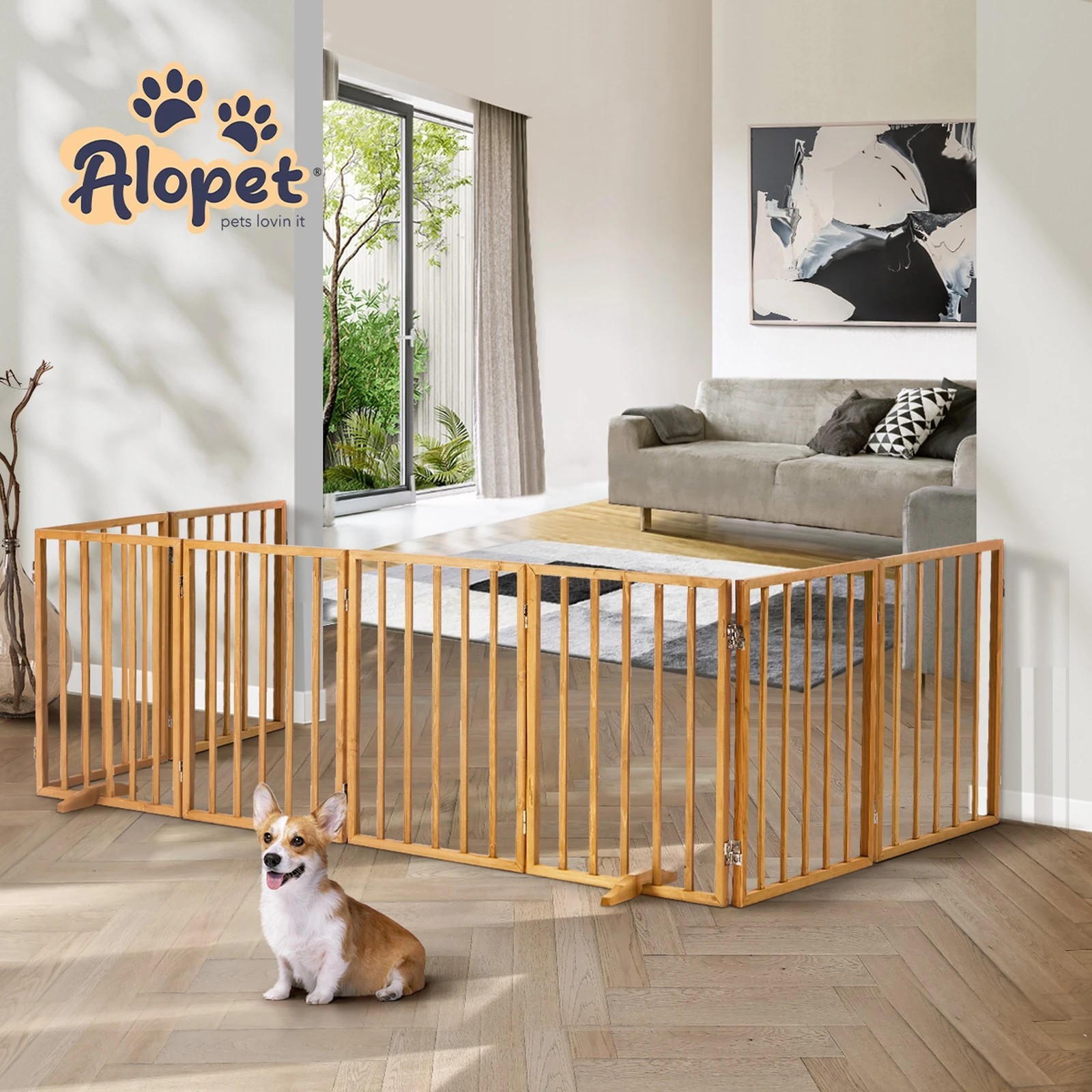 8 Alopet Wooden Pet Gate Dog Fence Playpen Safety Stair Barrier 8 Panels - Natural, 8 of 10