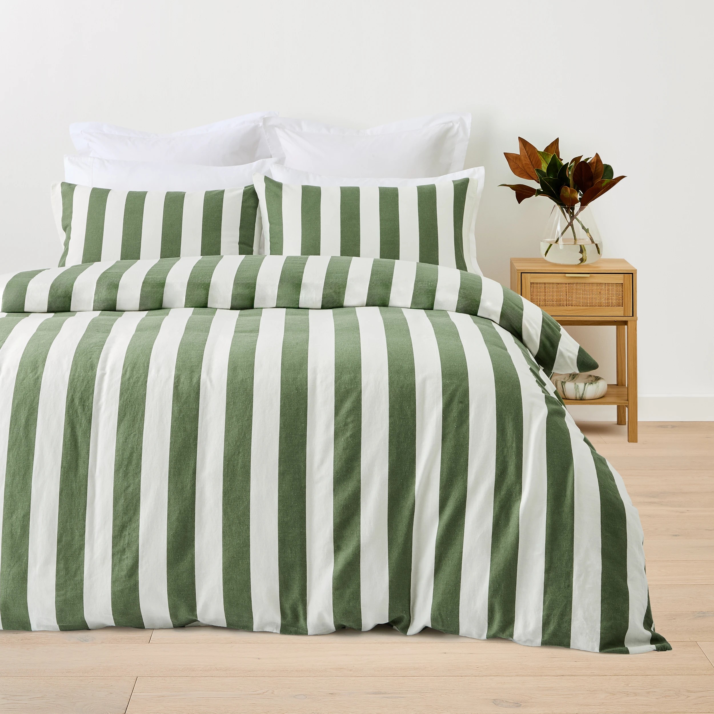 1 Stripe Linen Cotton Quilt Cover Set - Queen Bed, Forest, 1 of 7