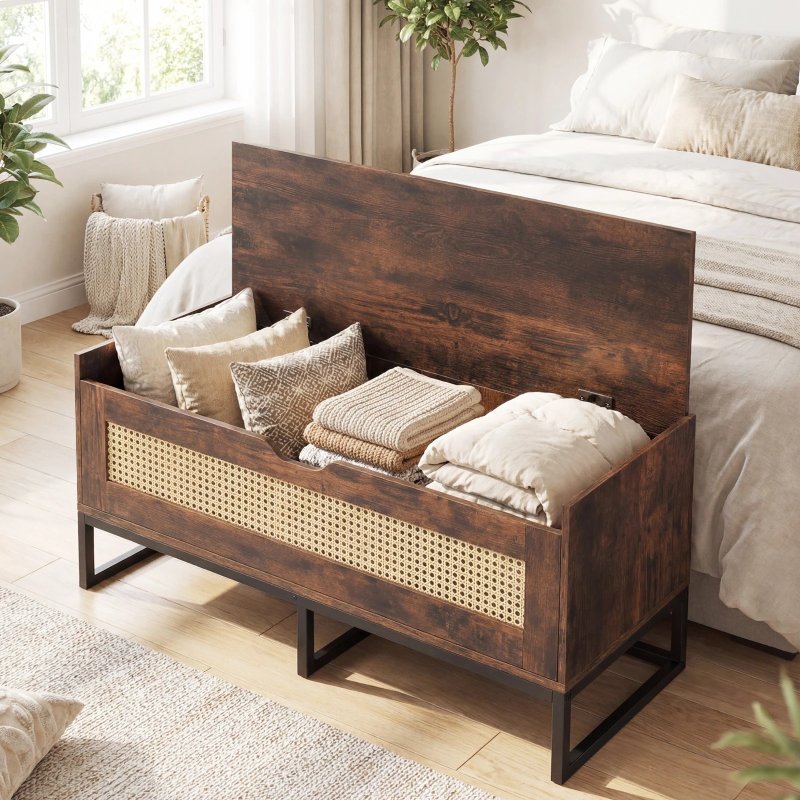 3 Costway 100cm Shoe Bench Cabinet Rattan Storage Chest Hallway Flip Top Box Padded Seat - Brown, 3 of 5