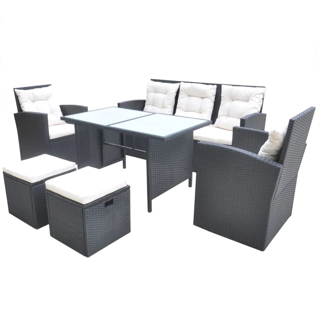 1 vidaXL 6 Piece Outdoor Dining Set With Cushions Poly Rattan - Black, 1 of 8