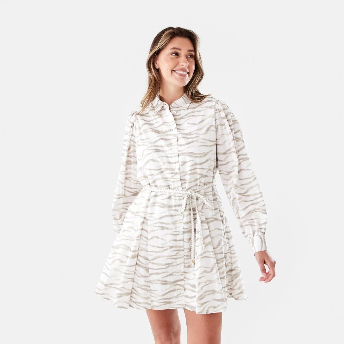 1 Long Balloon Sleeve Tie Waist Mini Dress SOFT ZEBRA CLOUD DANCER, 1 of 8