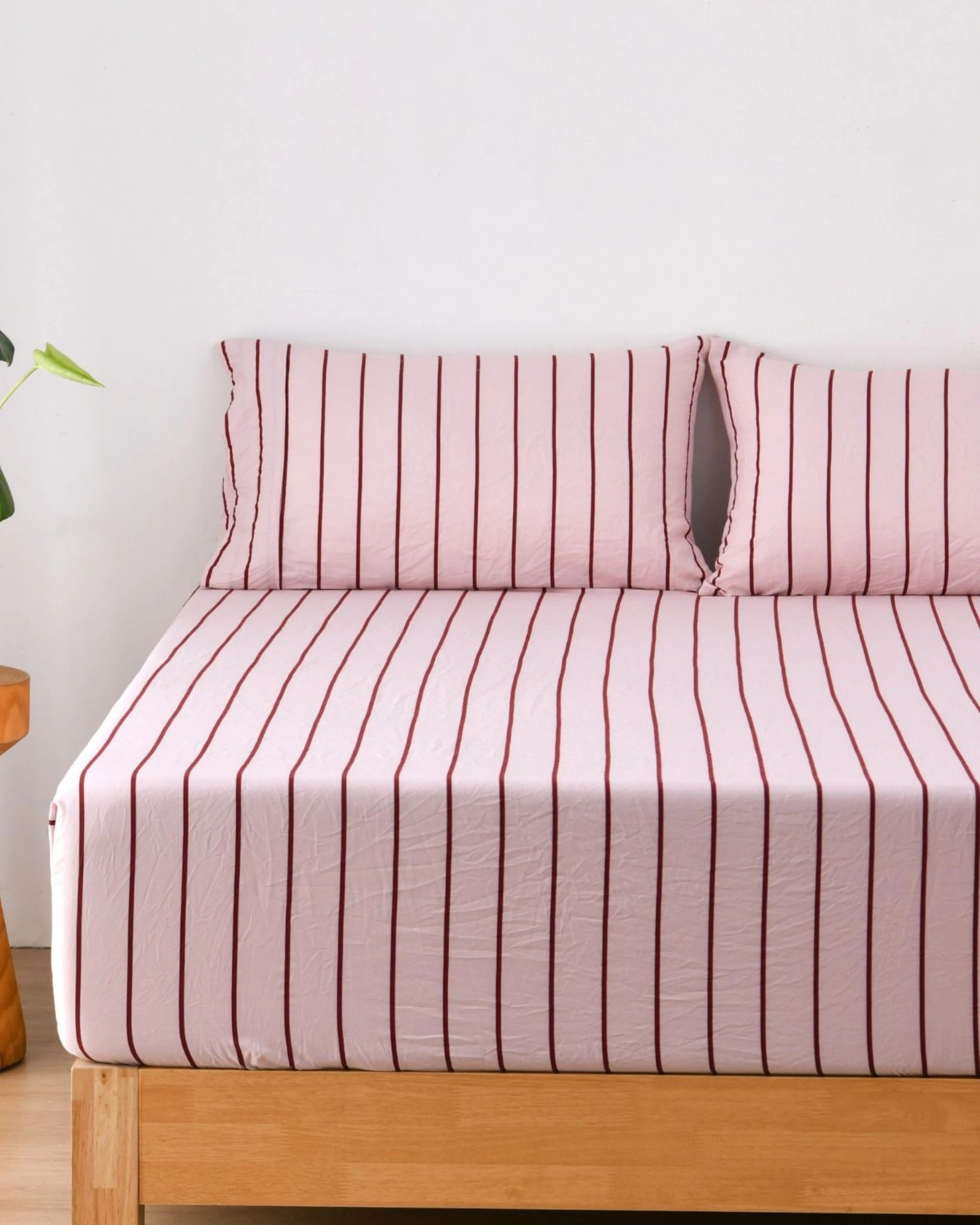 1 Dreamaker Superfine Washed Microfibre Striped Fitted Sheet Set - Single Bed - Pink / Plum, 1 of 5