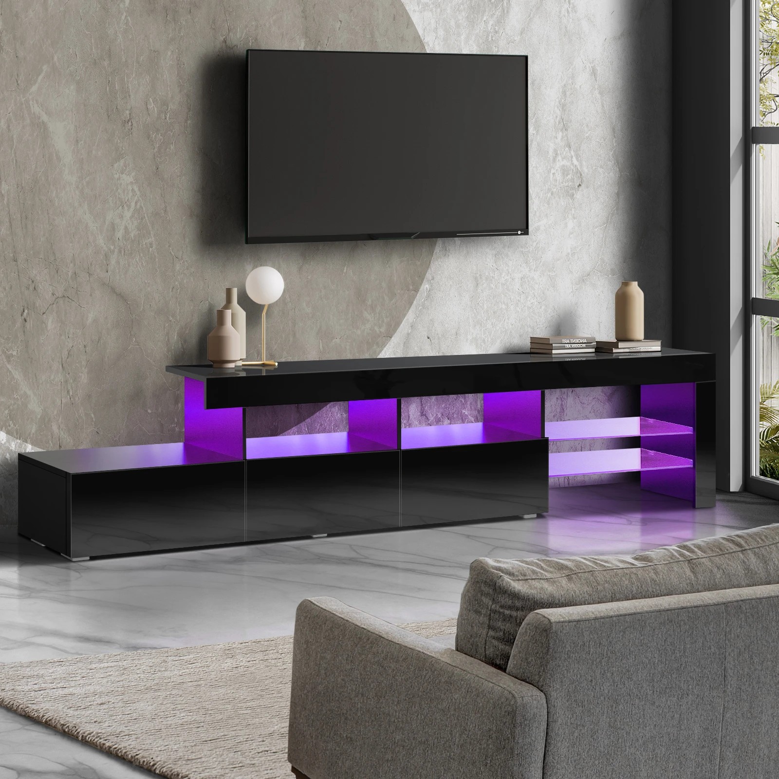 2 Oikiture Tv Cabinet Entertainment Unit Stand Rgb Led Gloss 220cm
 - Black, 2 of 9