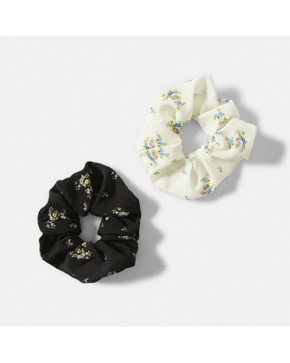 2 Pack Mini Flower Print Hair Scrunchies - Black and White
