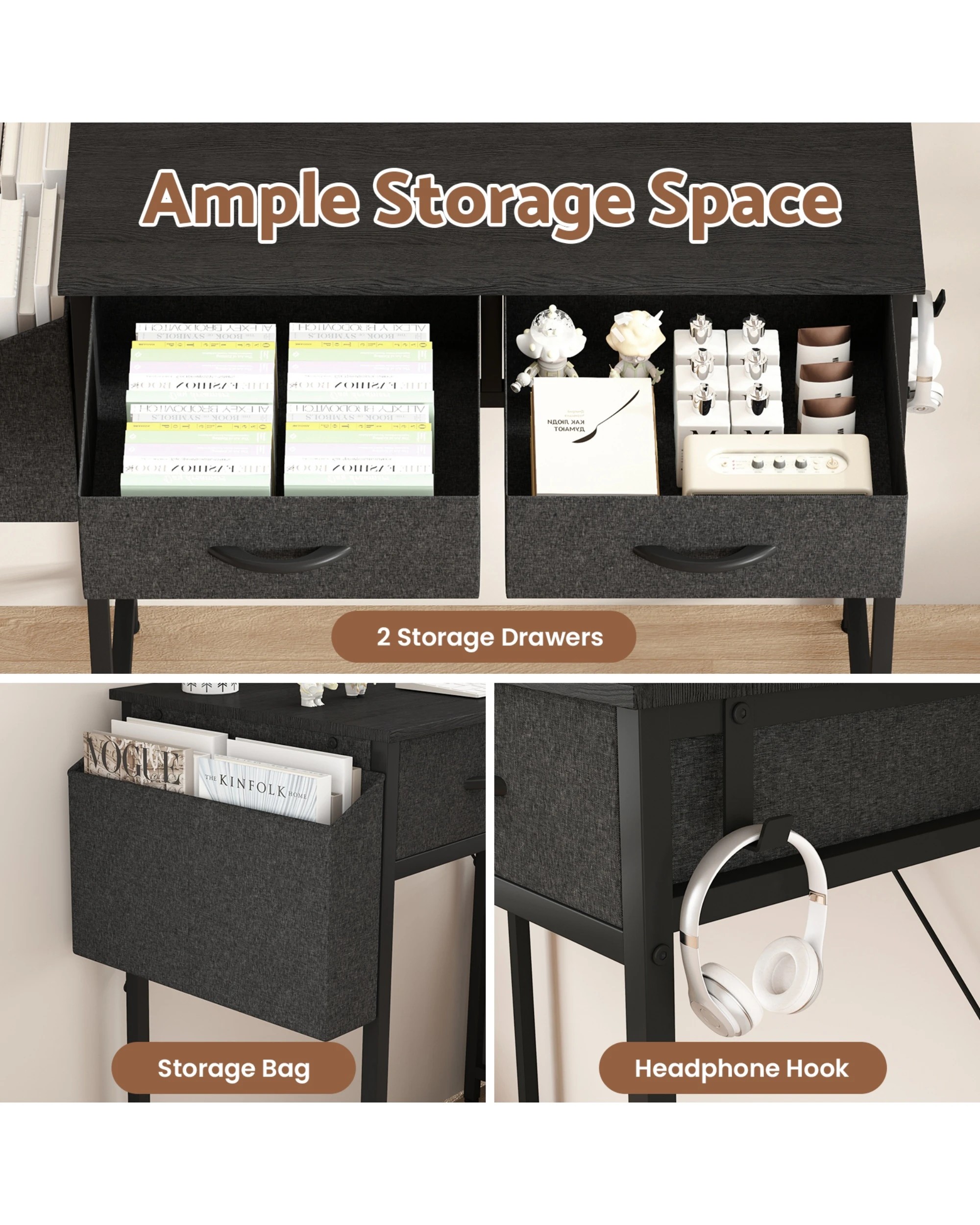4 Advwin 100cm Small Desk With 2 Drawers And Storage Bag Makeup Vanity Desk Black, 4 of 9