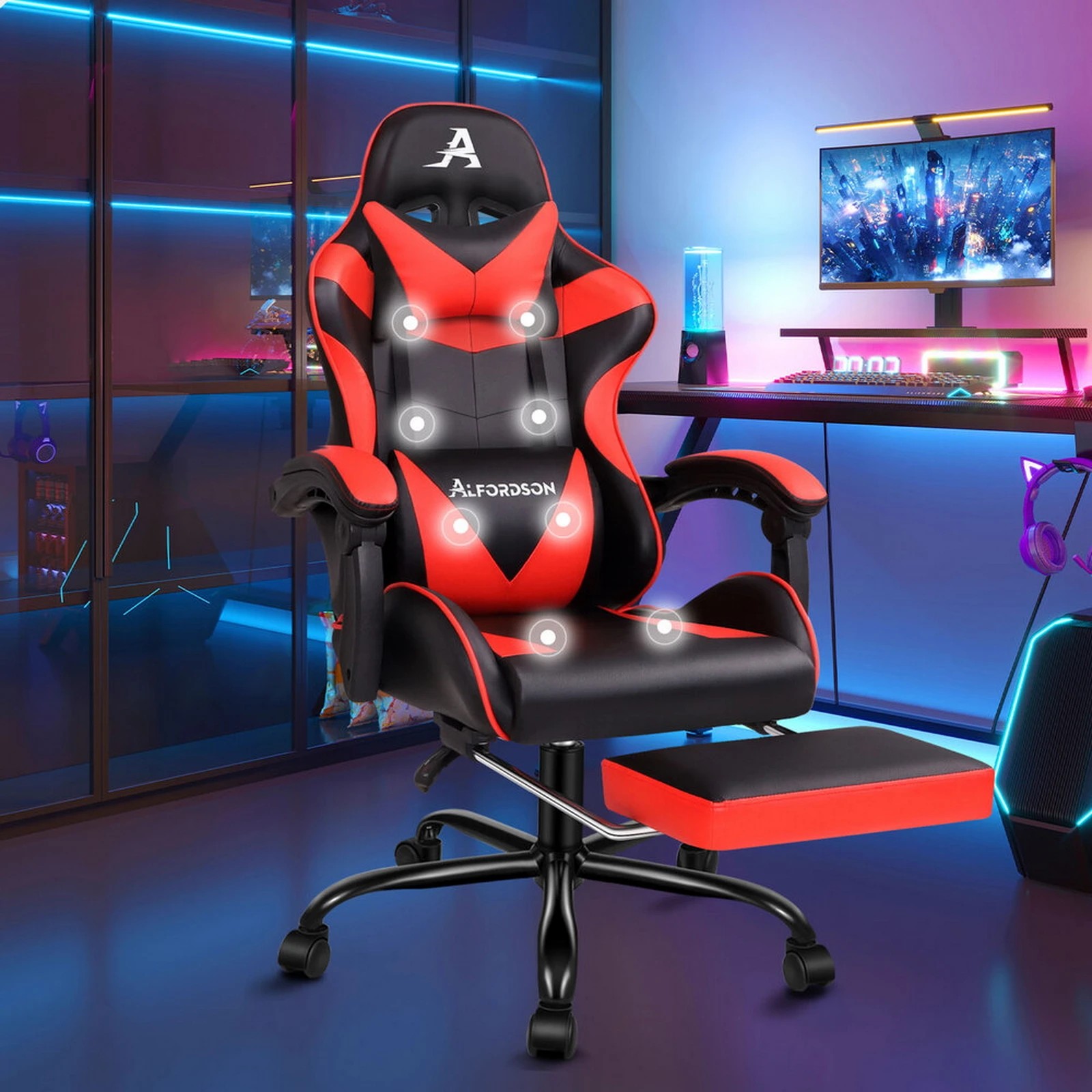 10 Alfordson Gaming Chair Office Massage Computer Racing Seat PU Leather - Red, 10 of 10