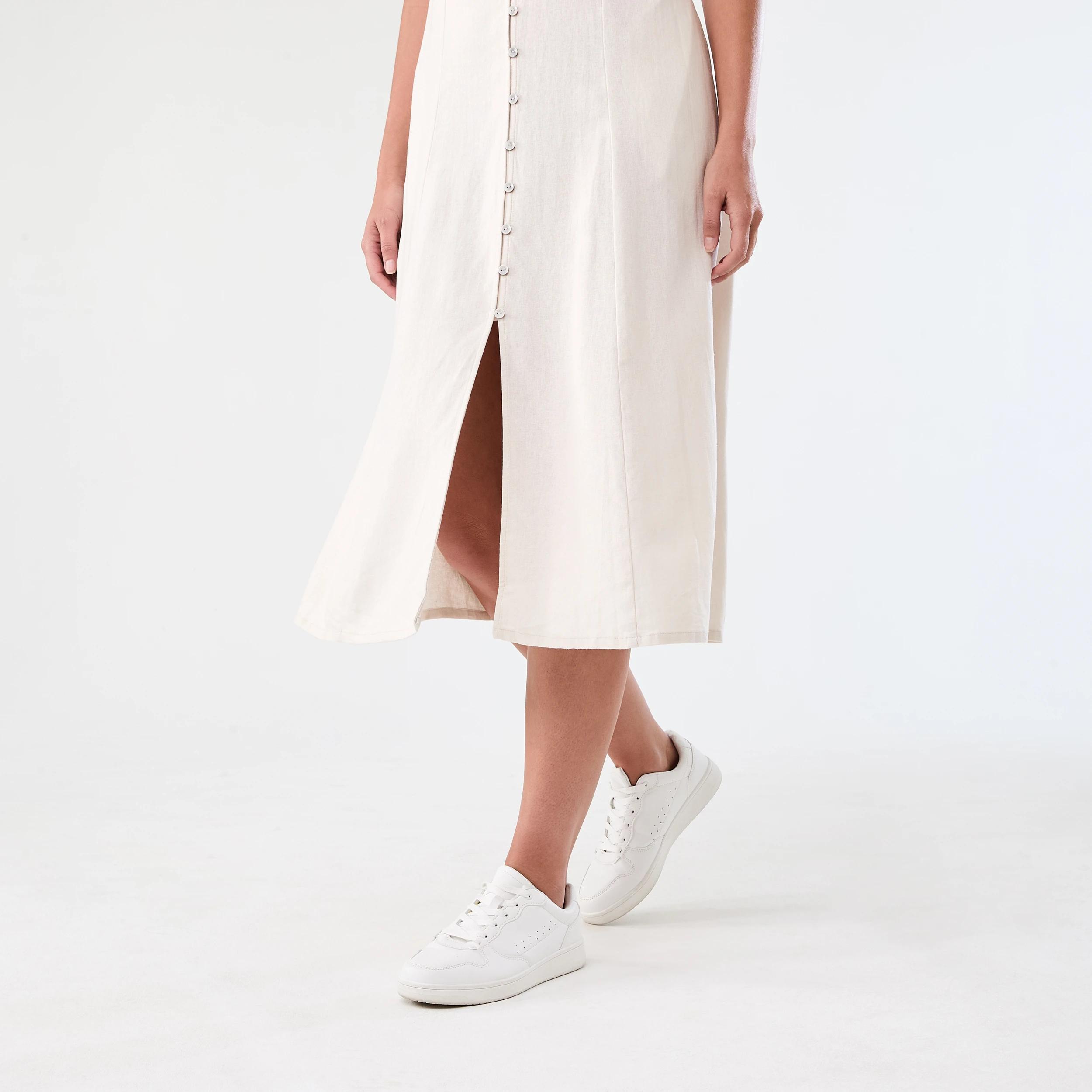 8 Sleeveless Button Front Linen Blend Midi Dress Nat Beige, 8 of 9