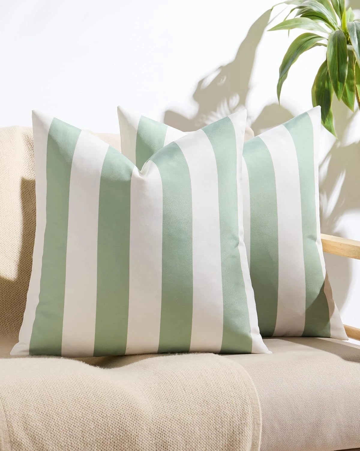 1 Gioia Casa 2-Pack Striped Outdoor Waterproof Cushion Covers - Sage, 45×45cm, 1 of 3