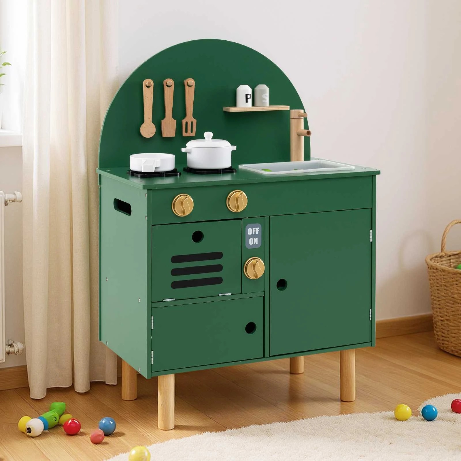2 Costway Kids Small Wooden Play Kitchen with Stove, Sink & Microwave - Green, 2 of 3