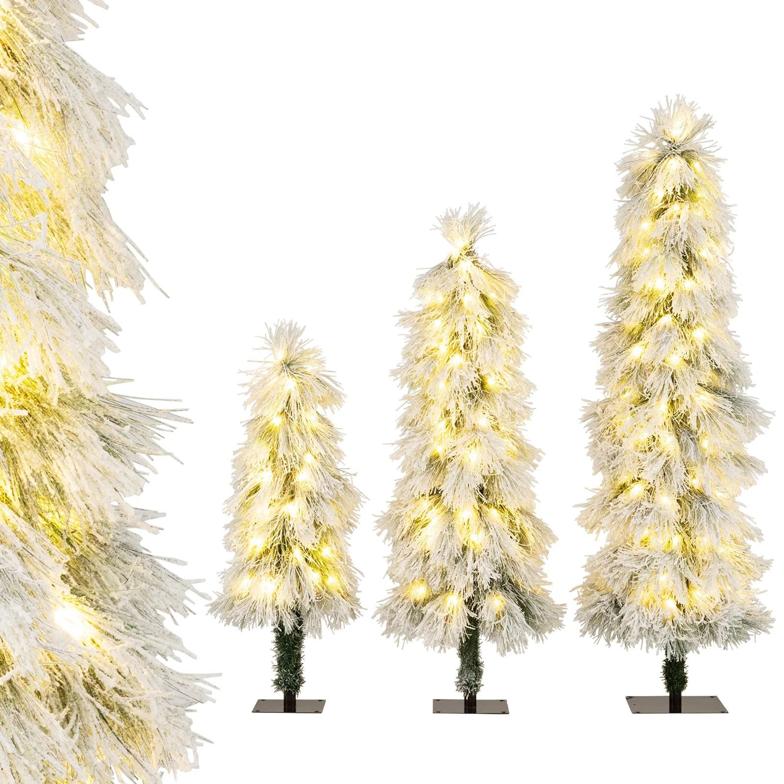 1 Costway 3-Piece Christmas Tree Set LED Pre-lit Xmas Decor Snow-flocked, 1 of 2