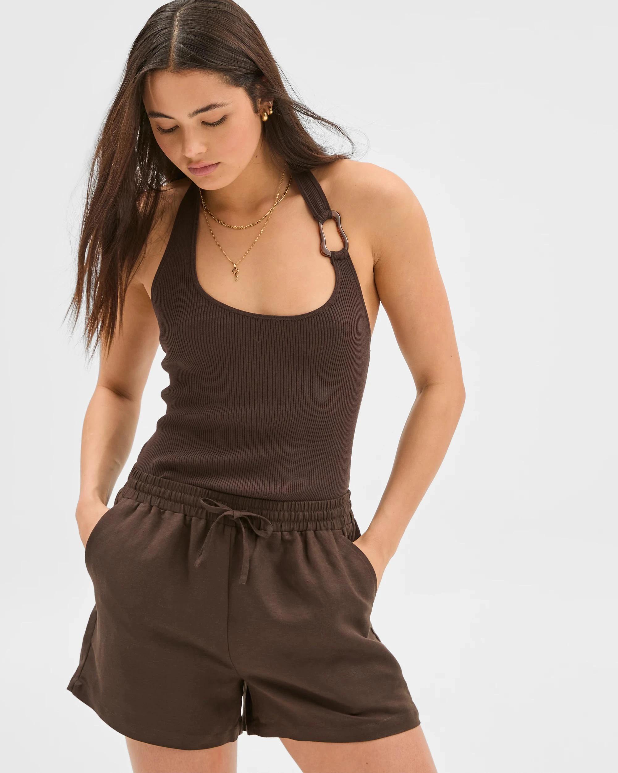 2 European Linen Blend Pull On Shorts - Lily Loves DEEP BROWN, 2 of 6