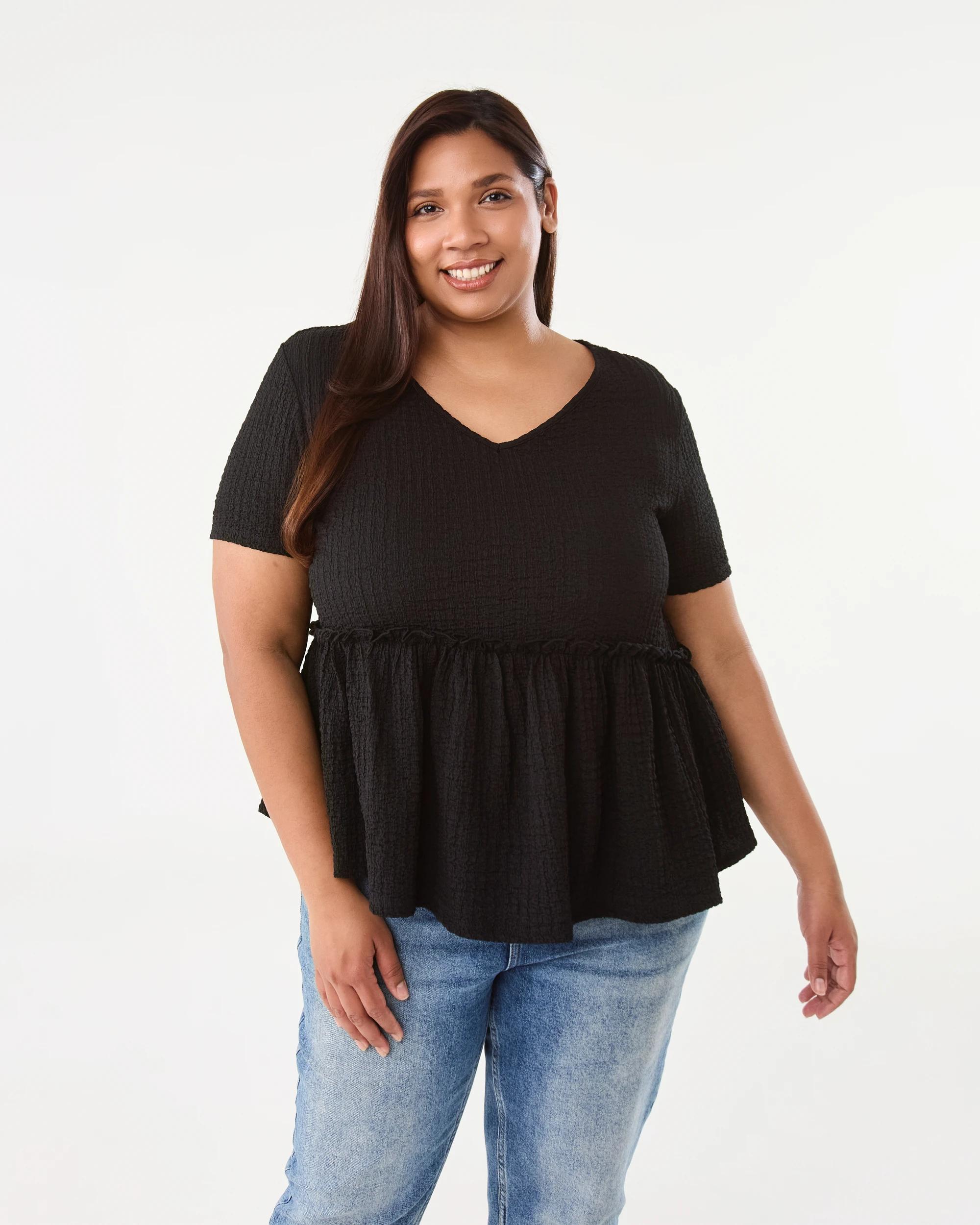 1 Curve Short Sleeve Textured Peplum Top Black, 1 of 7