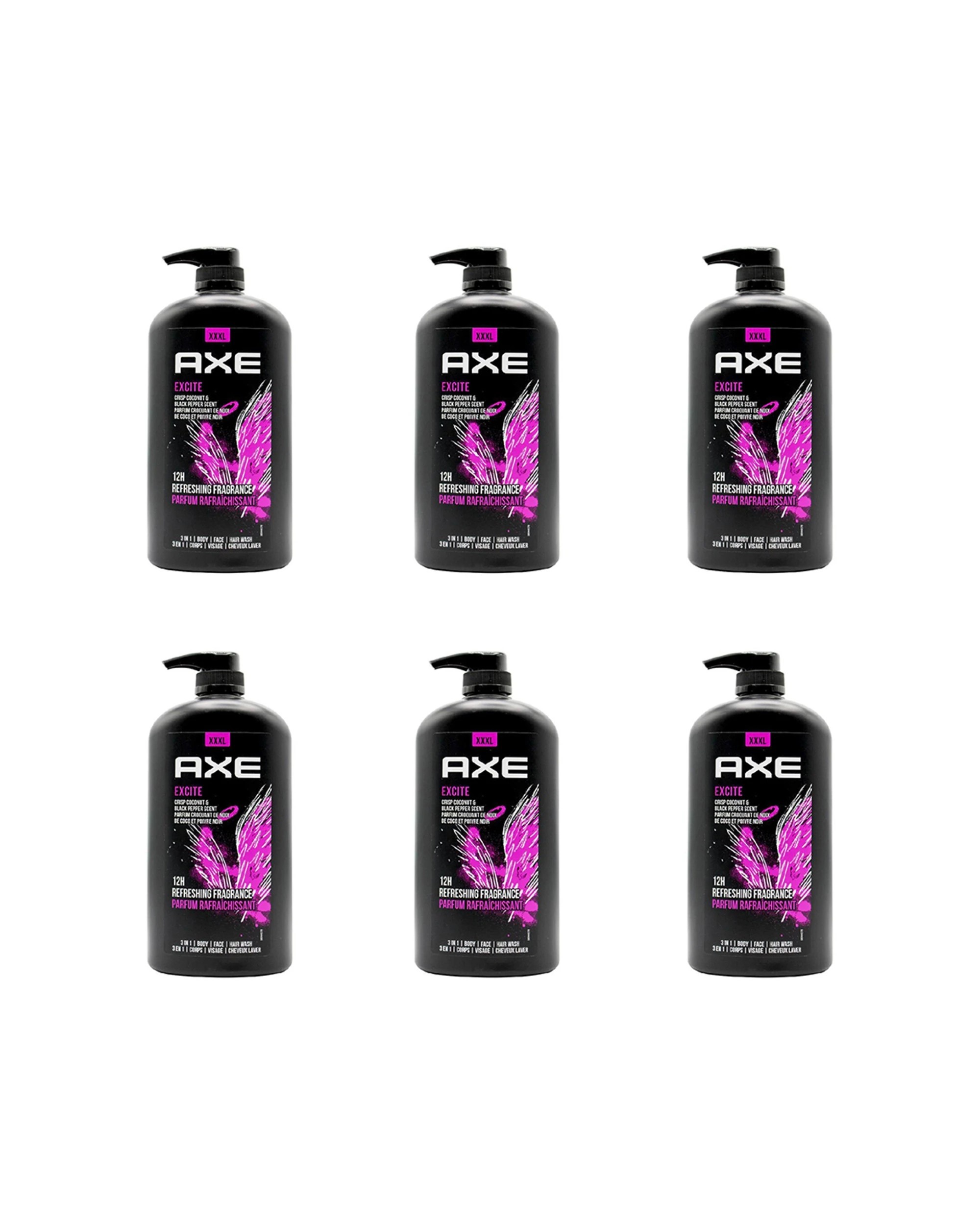 1 Axe Excite 6PK 3-in-1 Body Face Hair Wash 1L Crisp Coconut Pepper Scent - Black, 1 of 4