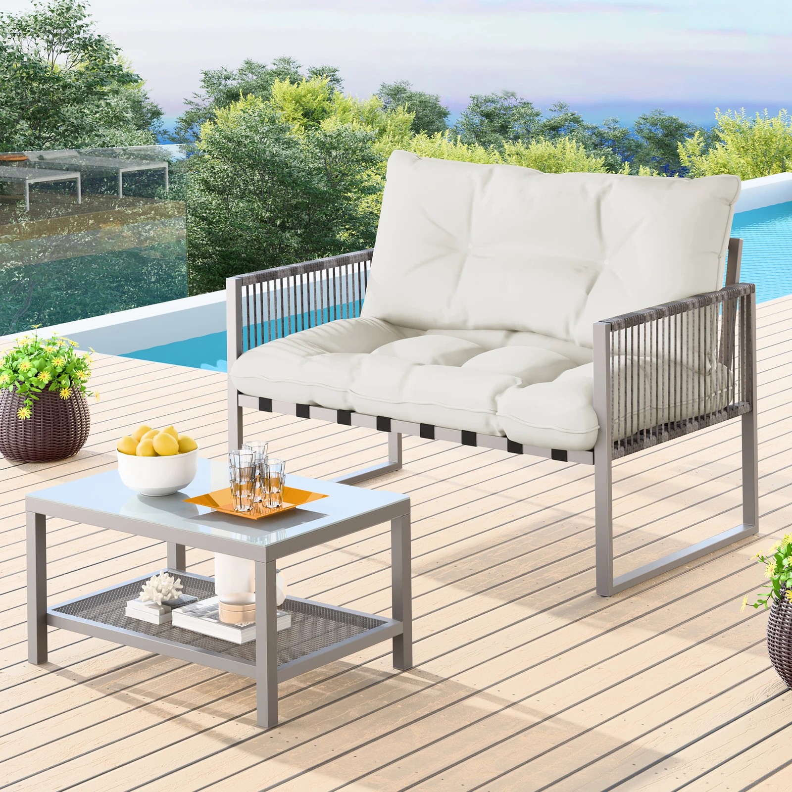 7 Alfordson 2PCS Outdoor Lounge Sofa Set Wicker Furniture Table and Chairs Garden - Beige, 7 of 8