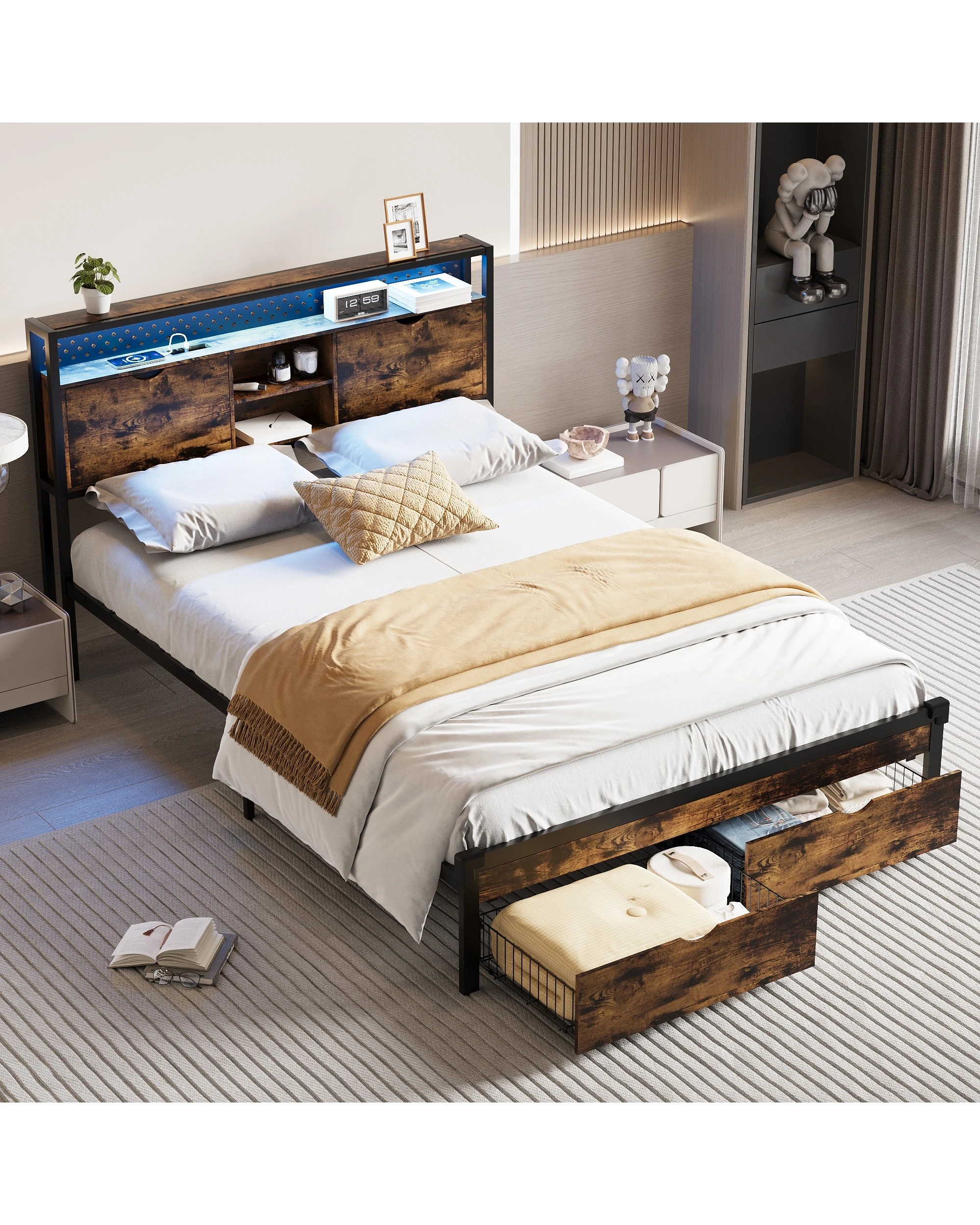 6 Advwin Queen Bed Frame with 2 Storage Drawers & LED Lights & Charging Station - Brown, 6 of 7