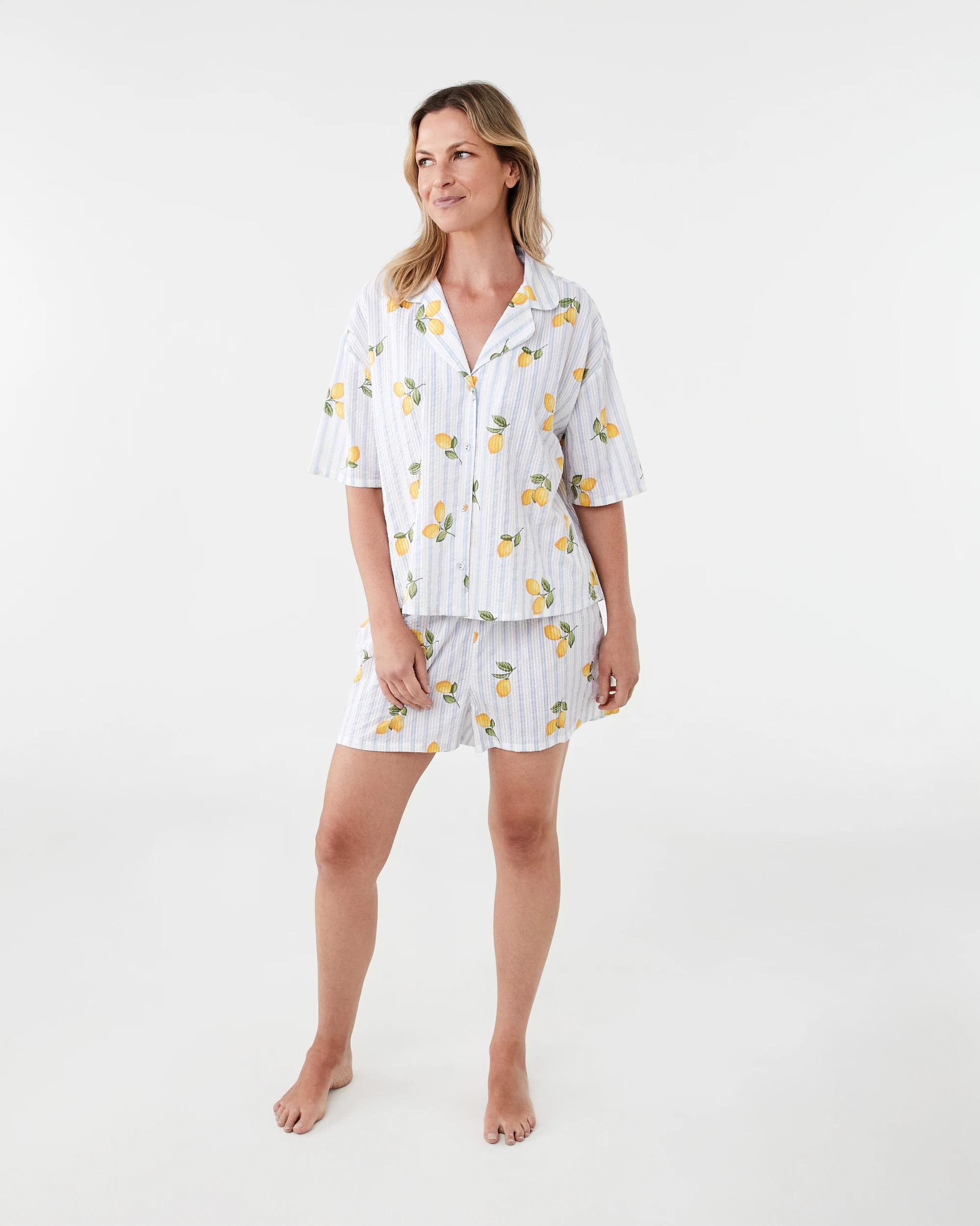 8 Cotton Seersucker Short Sleeve and Shorts Pyjama Set Lemon Strp, 8 of 8