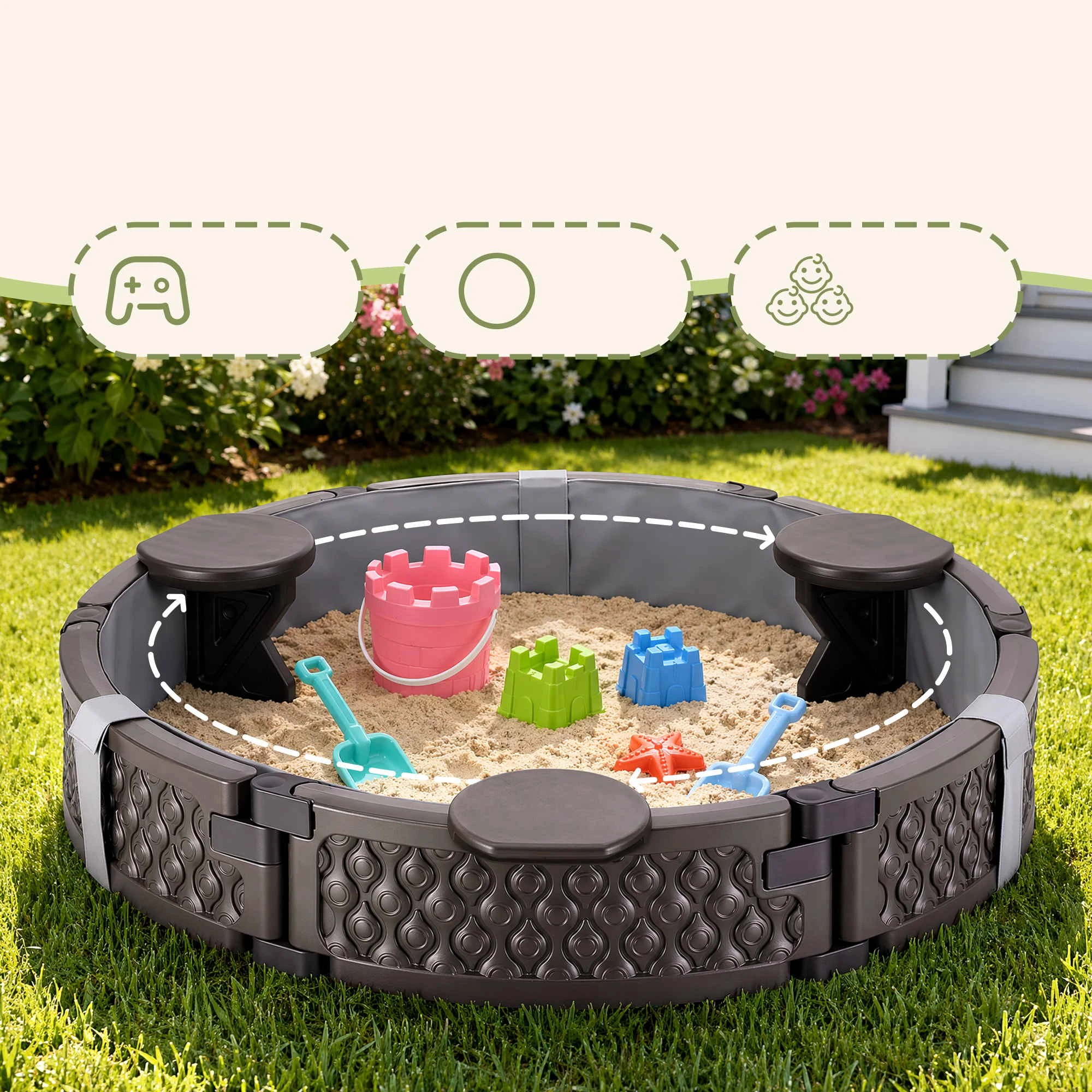 7 Kids Round Sandpit 121cm With 3 Seats Cover And Bottom Liner - Brown, 7 of 8