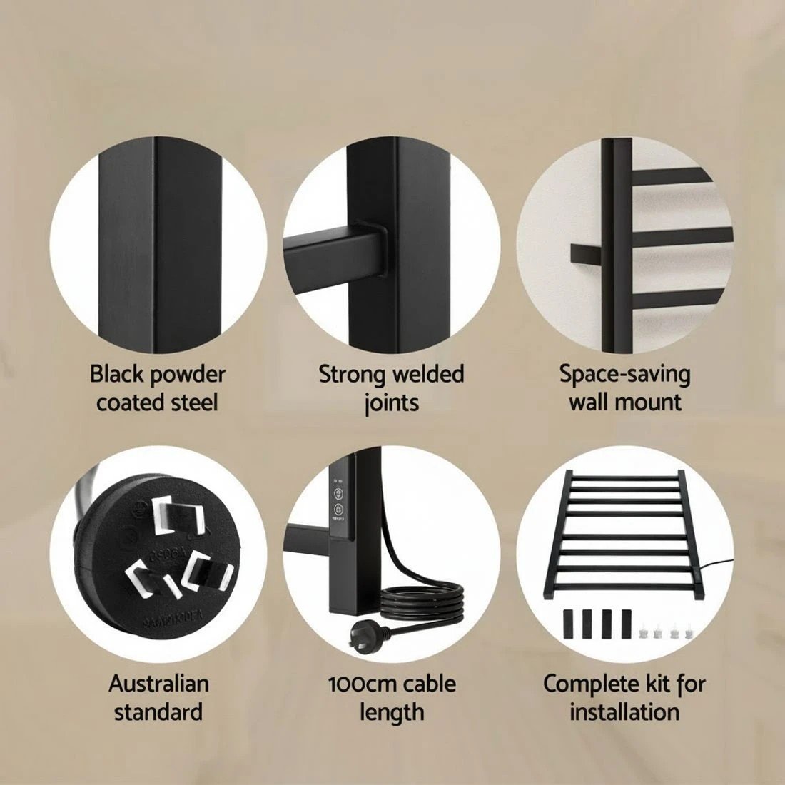 6 Devanti Heated Towel Rail 8 Square Bars with Timer Electric Heater Warmer Rack - Black, 6 of 6